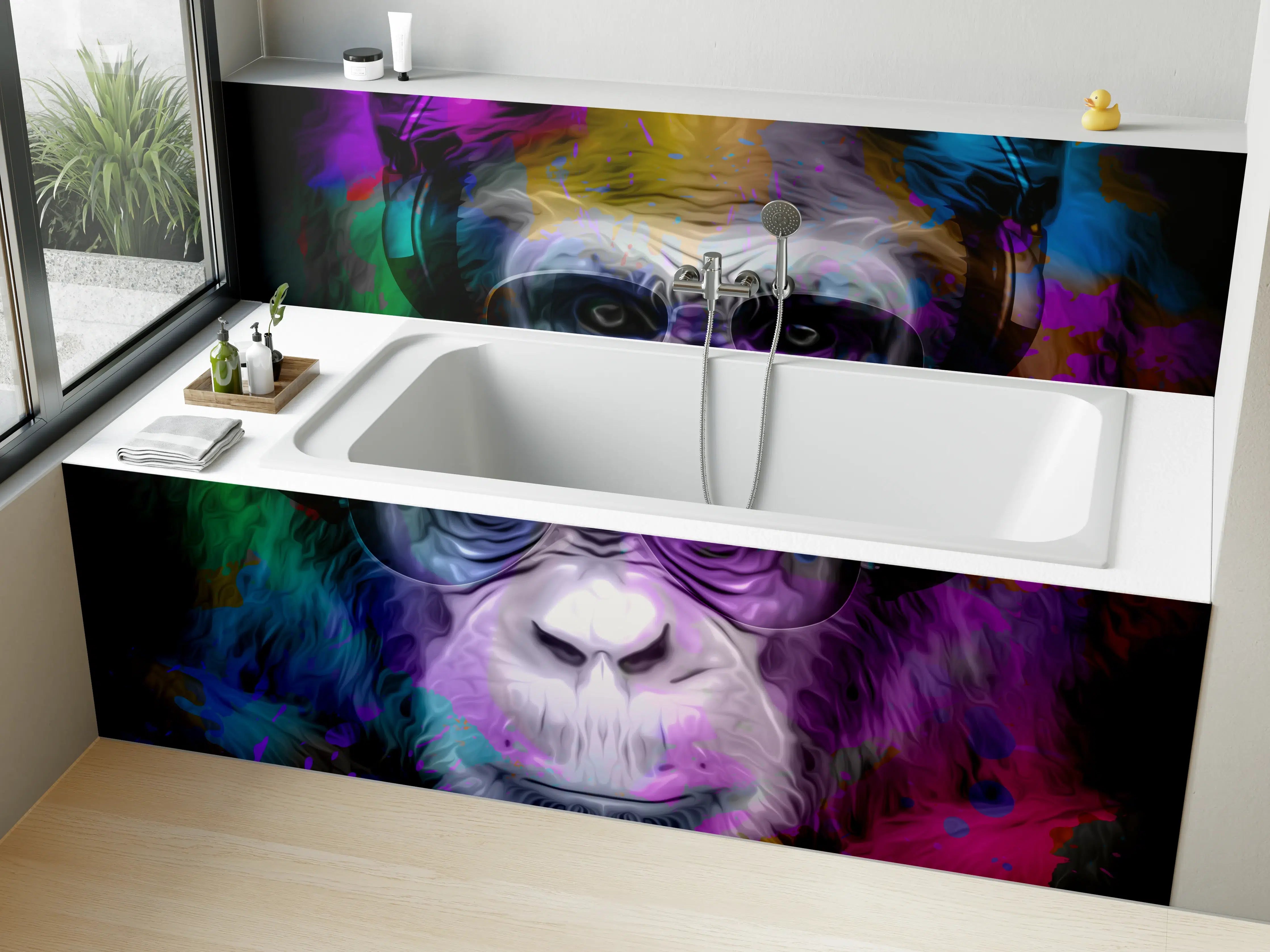 Badewannen-Rückwand - Bunter Affenkopf mit Brille und Kopfhörern
