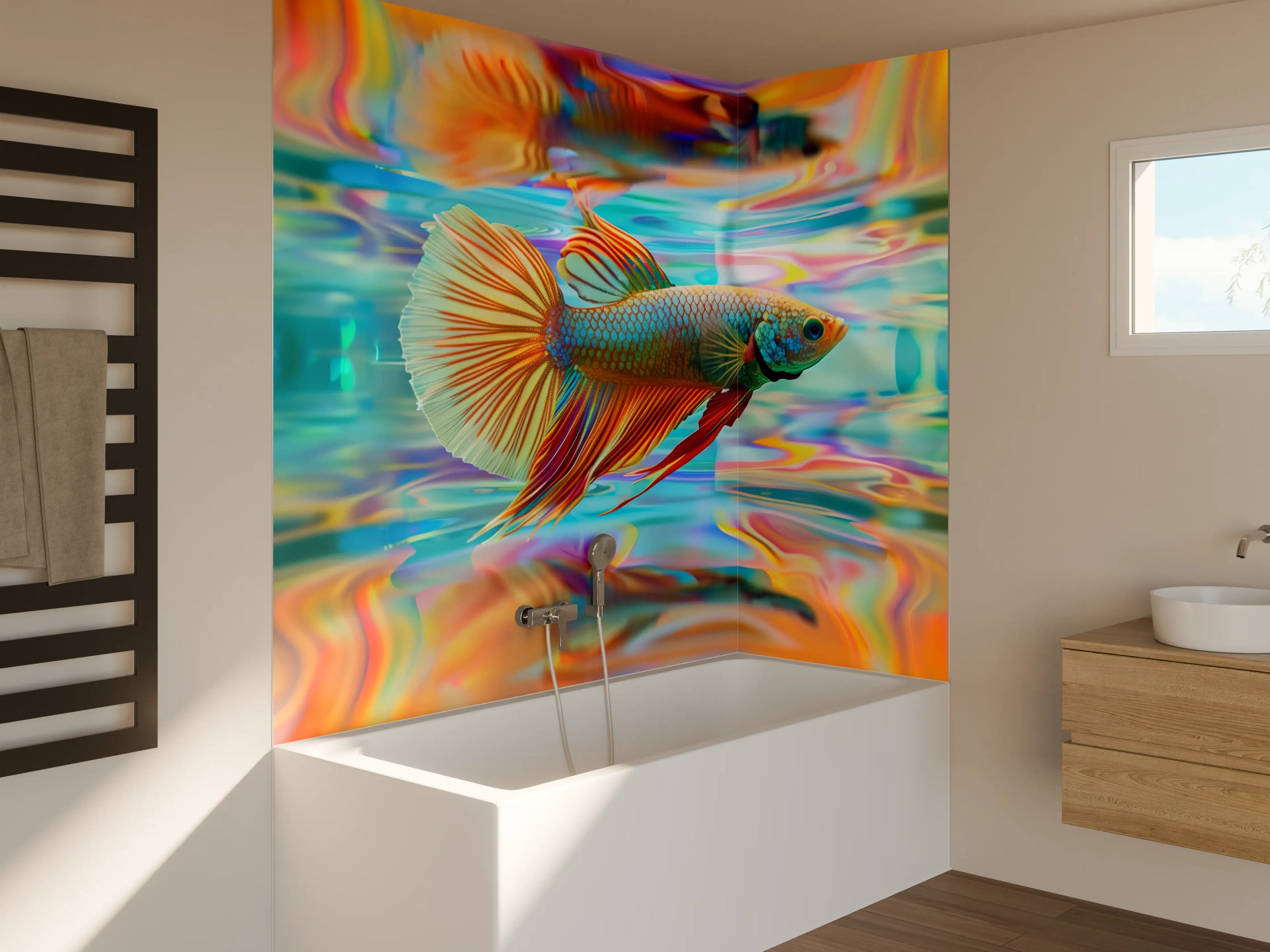 Badewannen-Rückwand - Bunter Betta-Fisch Türkis-Orange