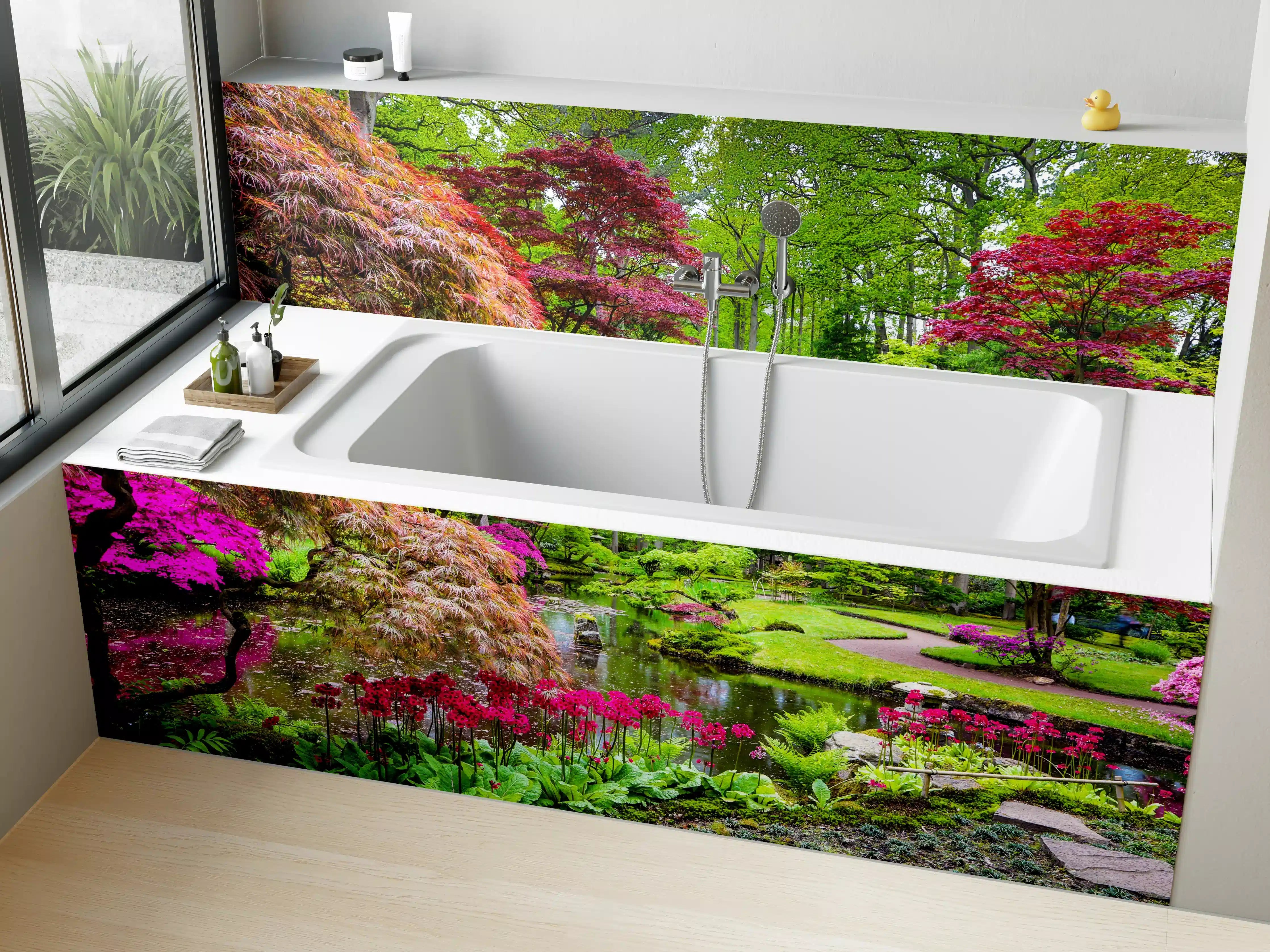 Badewannen-Rückwand - Bunter Garten mit blühenden Sträuchern und Wasserlauf