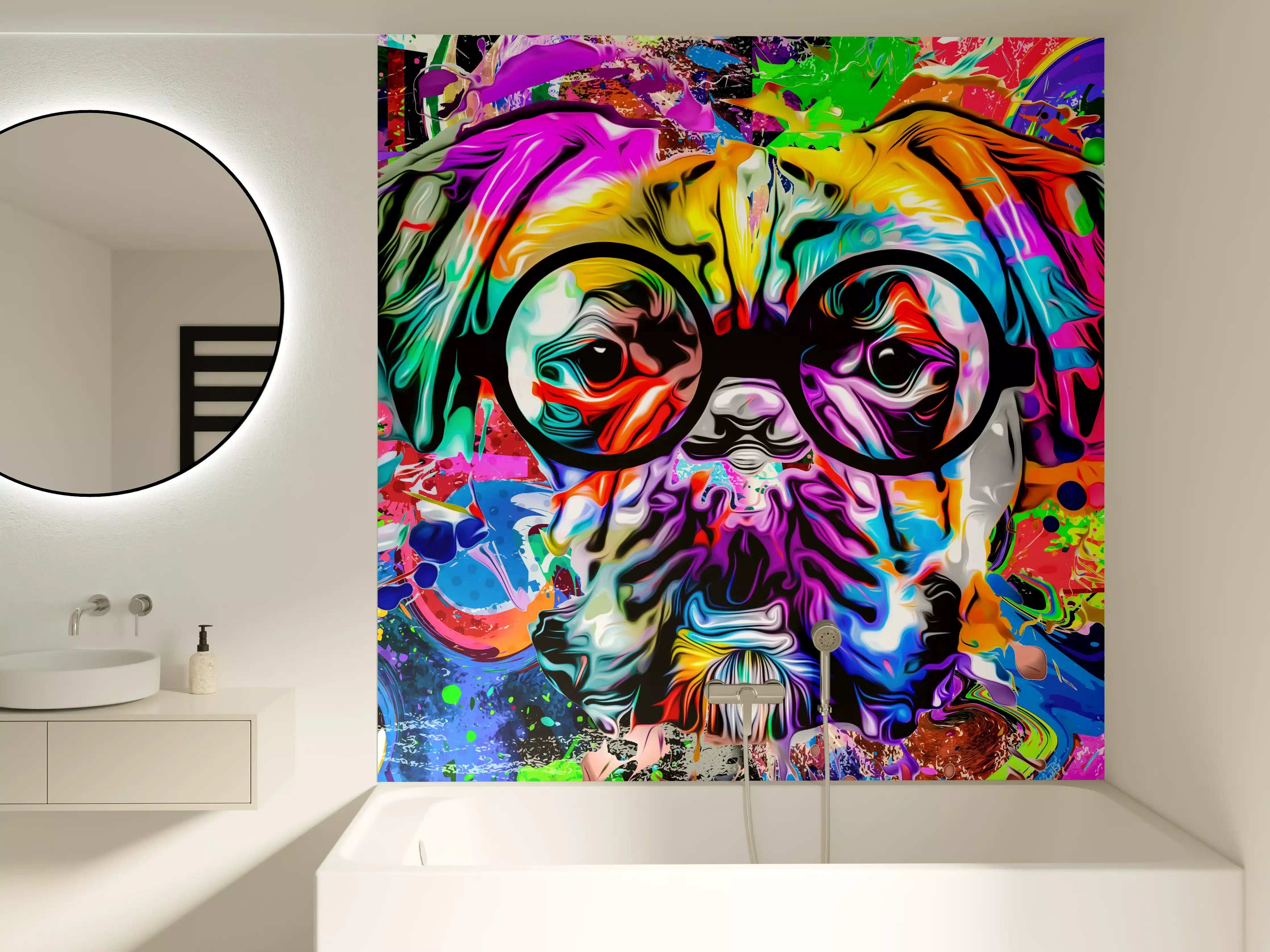 Badewannen-Rückwand - Bunter abstrakter Hundekopf mit Brille