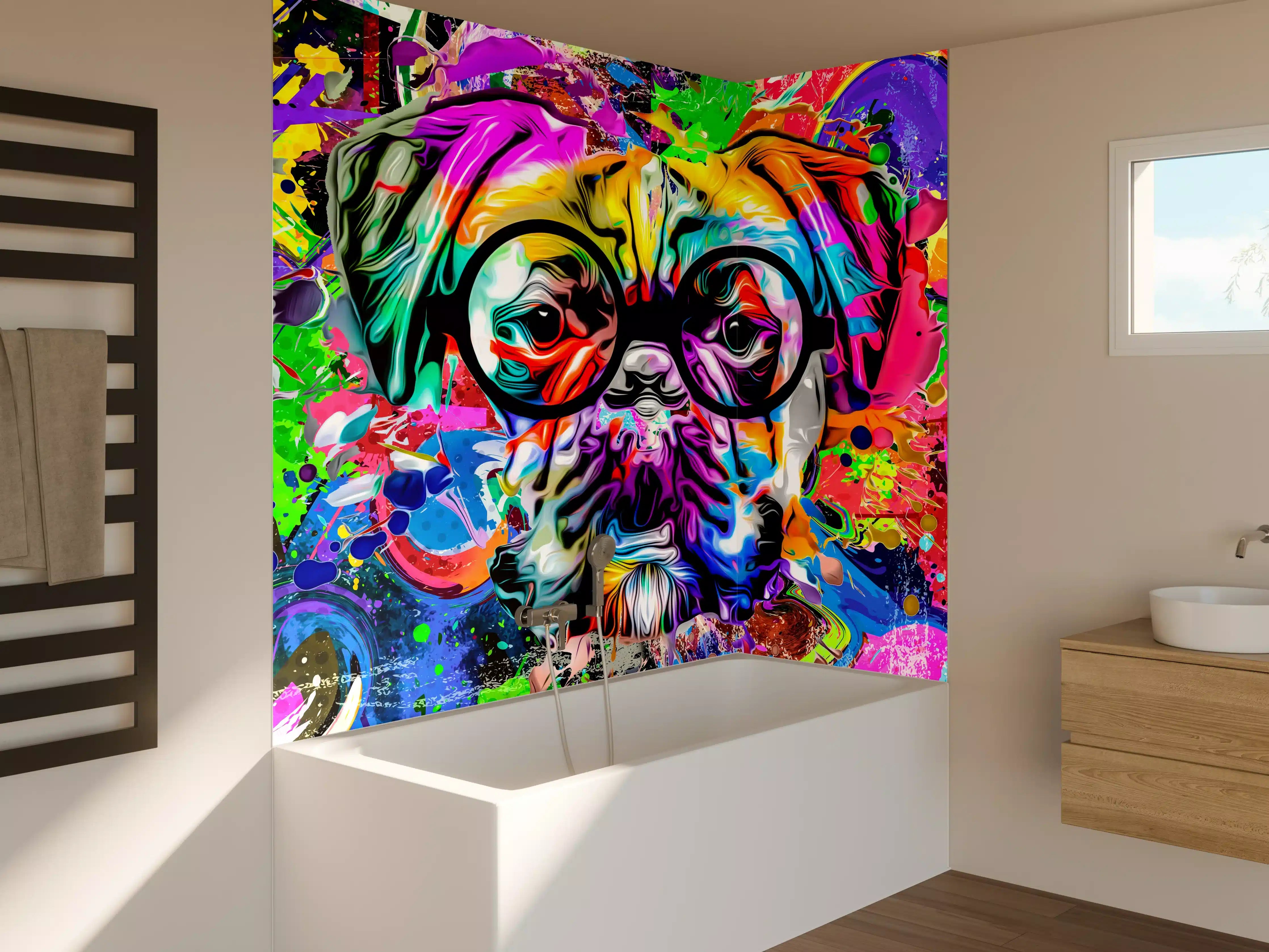 Badewannen-Rückwand - Bunter abstrakter Hundekopf mit Brille