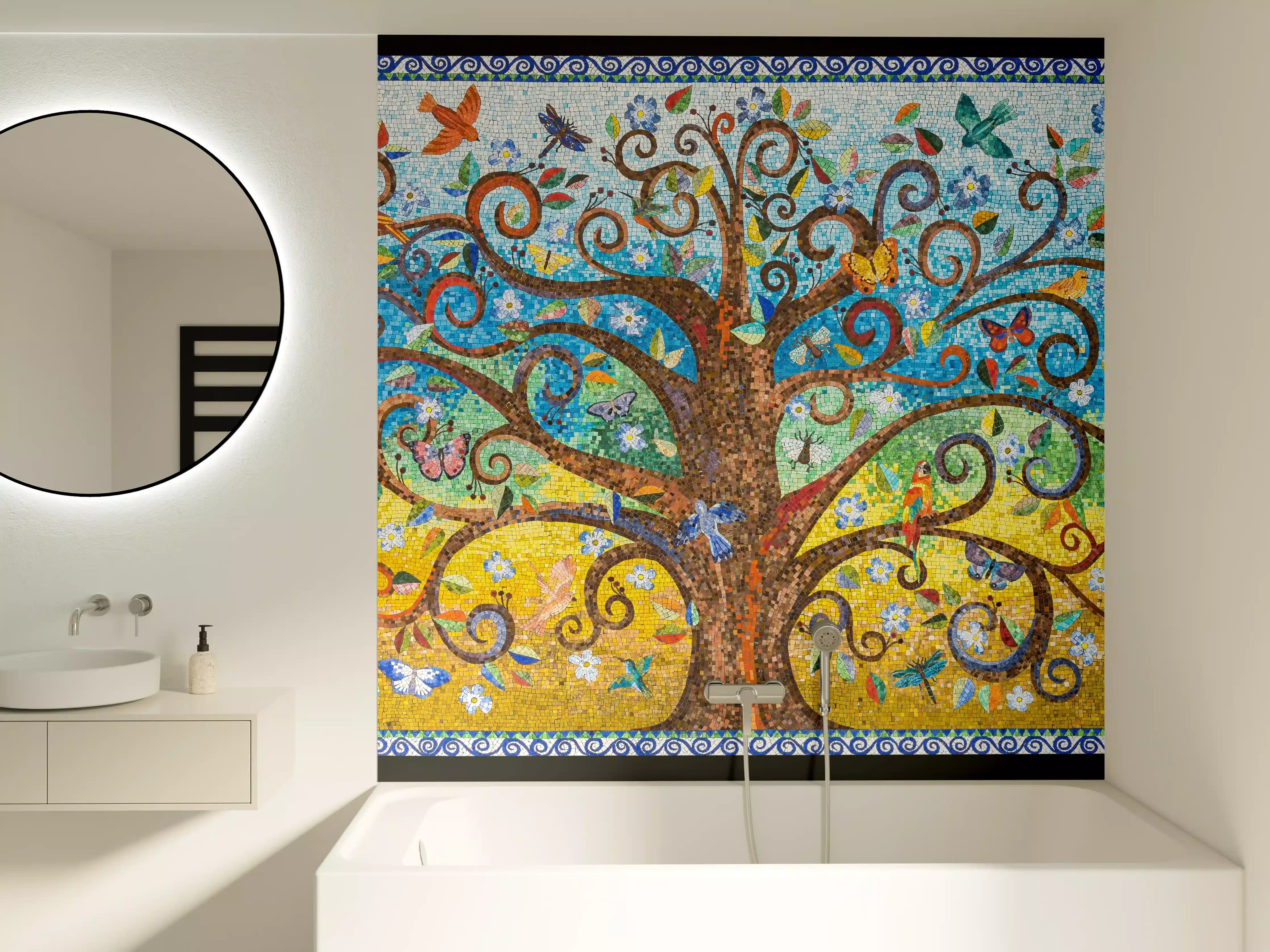 Badewannen-Rückwand - Buntes Baum Mosaik Kunstwerk