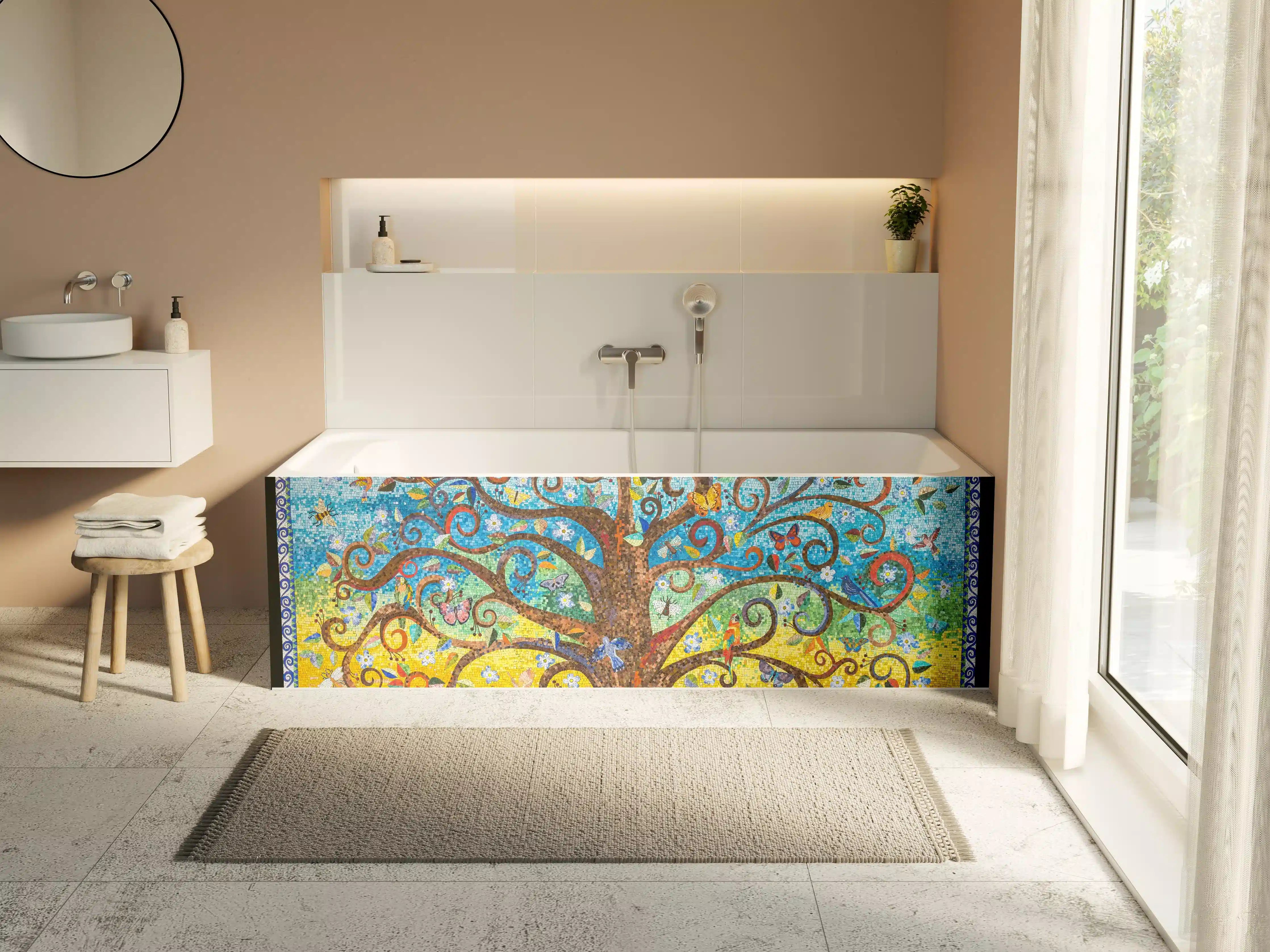 Badewannen-Rückwand - Buntes Baum Mosaik Kunstwerk