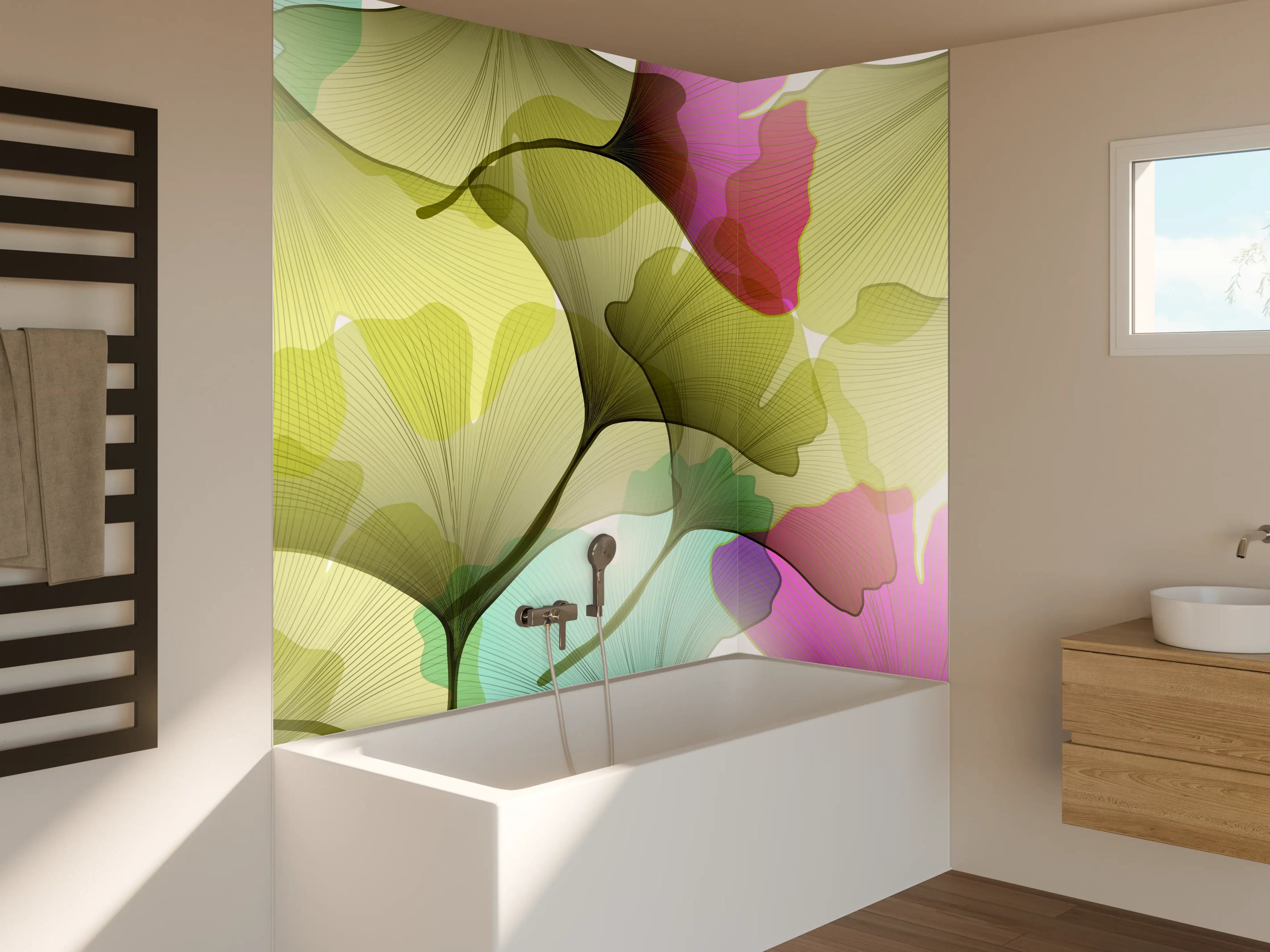 Badewannen-Rückwand - Buntes Ginkgo Blätter Design