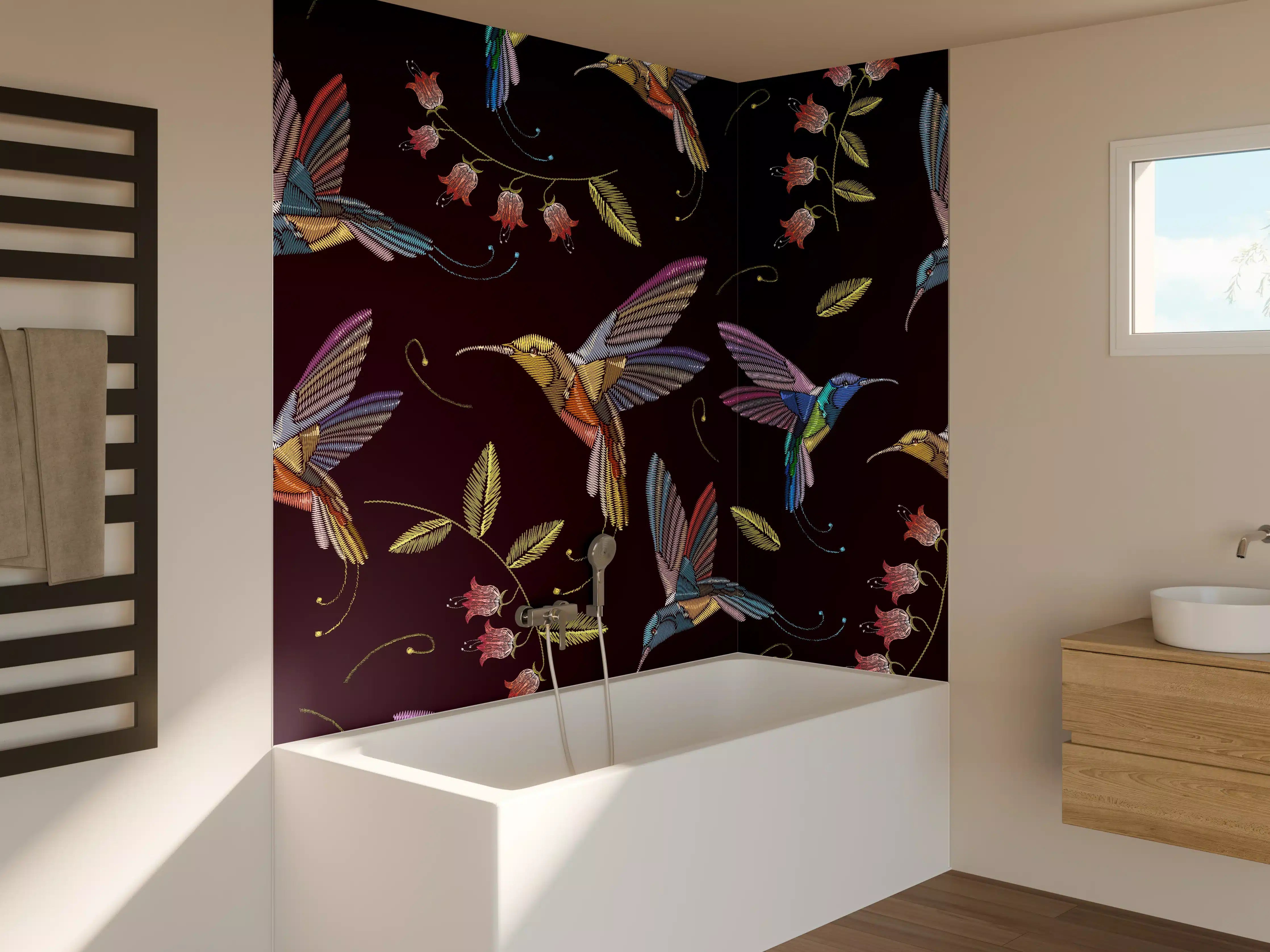 Badewannen-Rückwand - Buntes Kolibri Blumen Muster