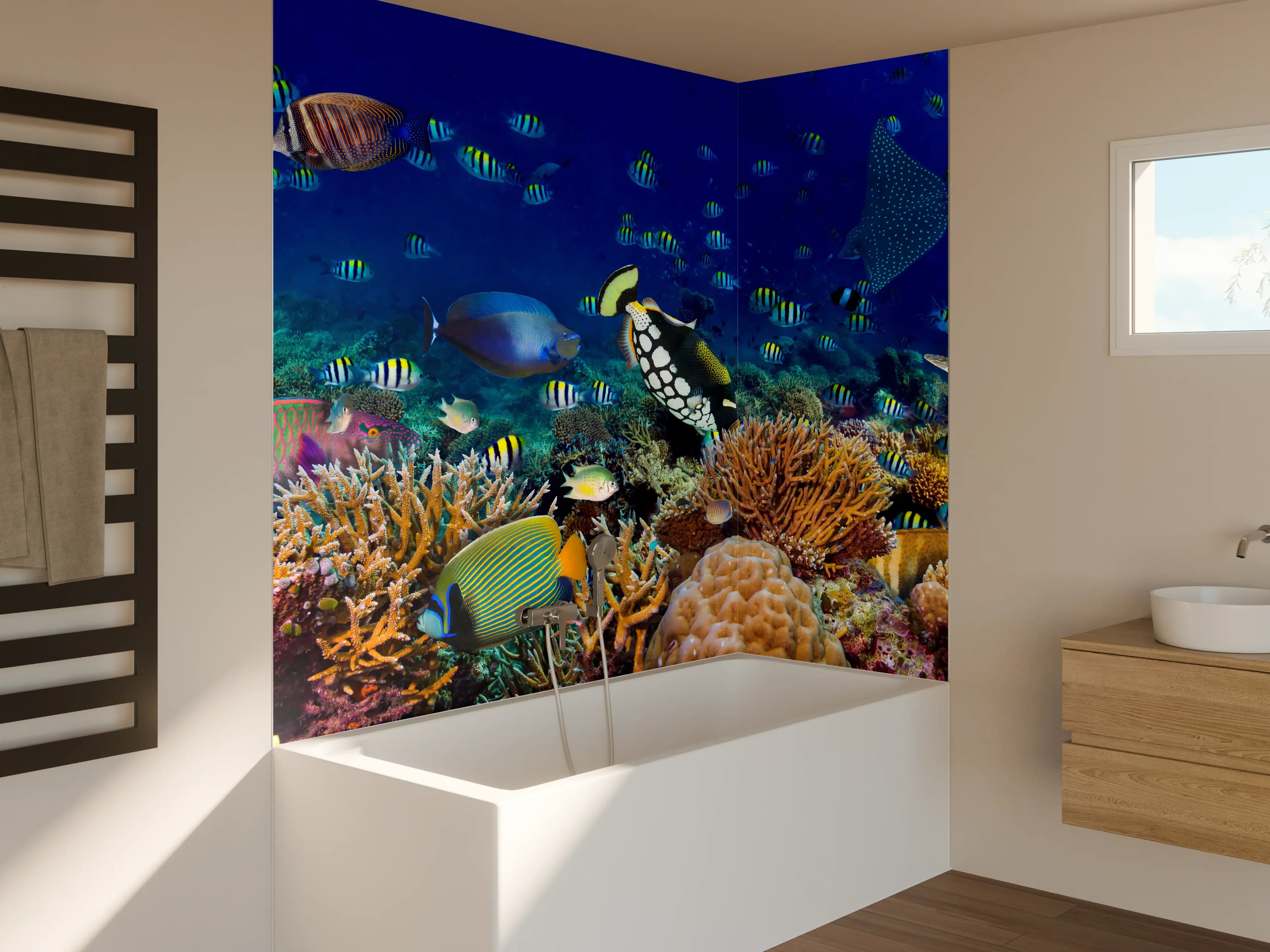 Badewannen-Rückwand - Buntes Korallenriff Blau-Türkis