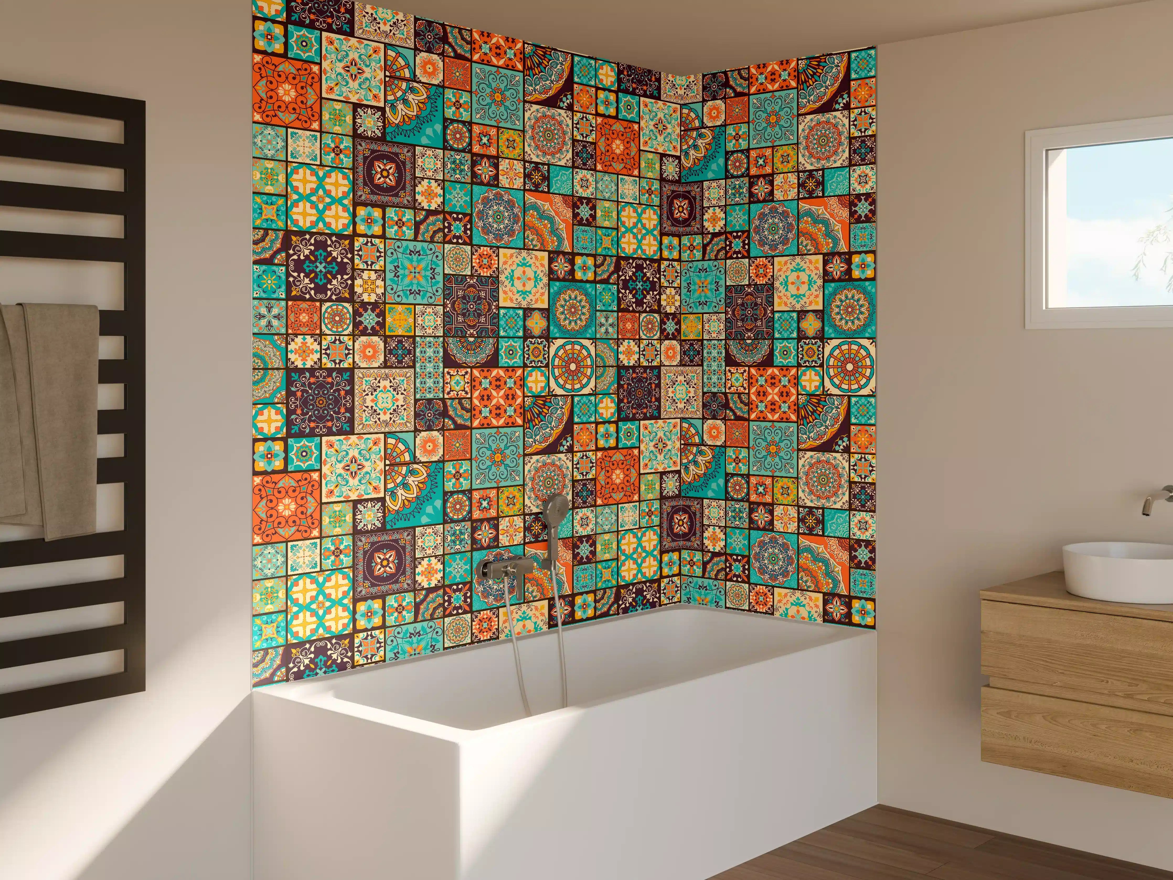 Badewannen-Rückwand - Buntes Patchwork Fliesenmuster