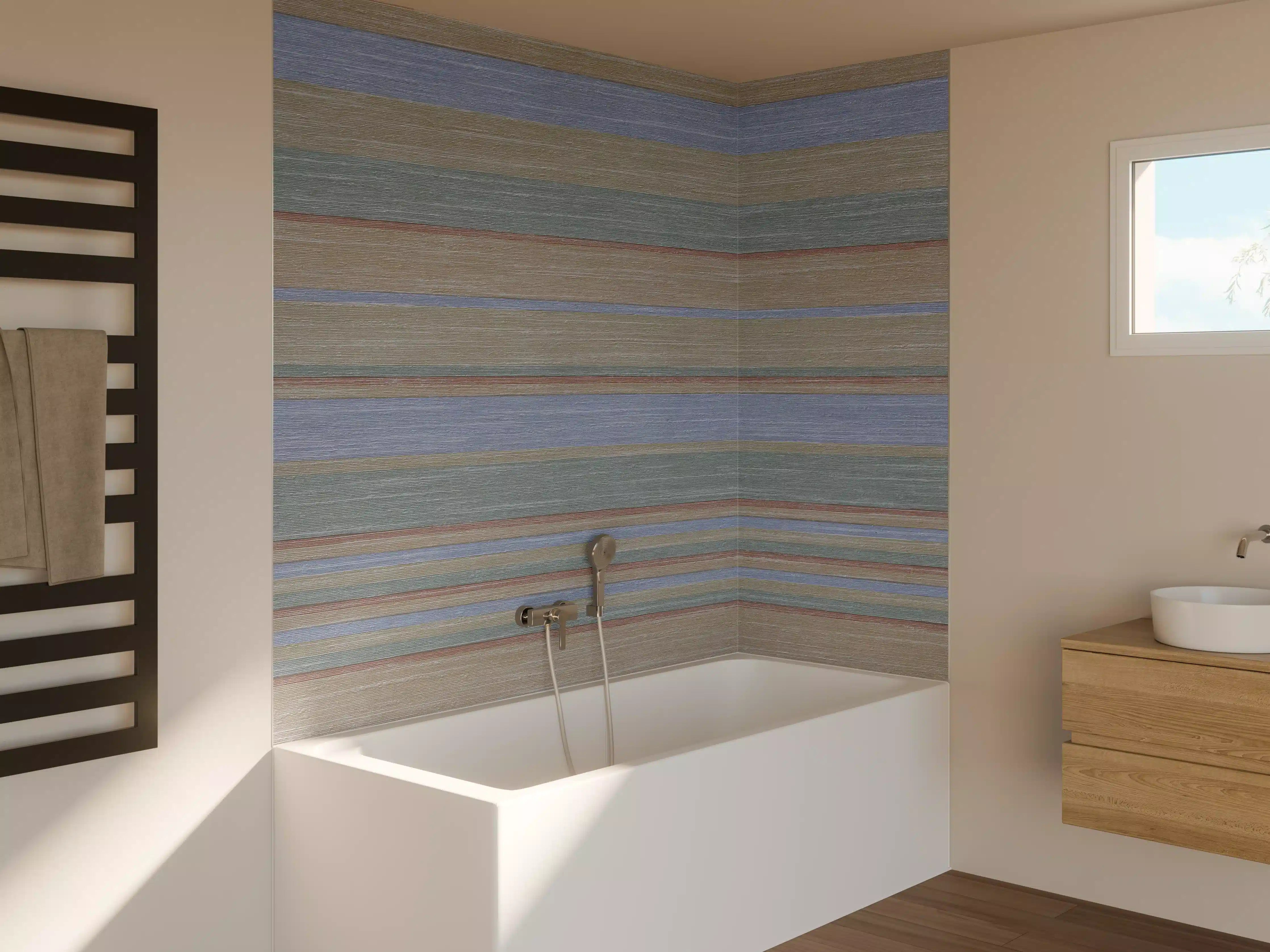 Badewannen-Rückwand - Buntes Streifenmuster auf Grunge-Papier