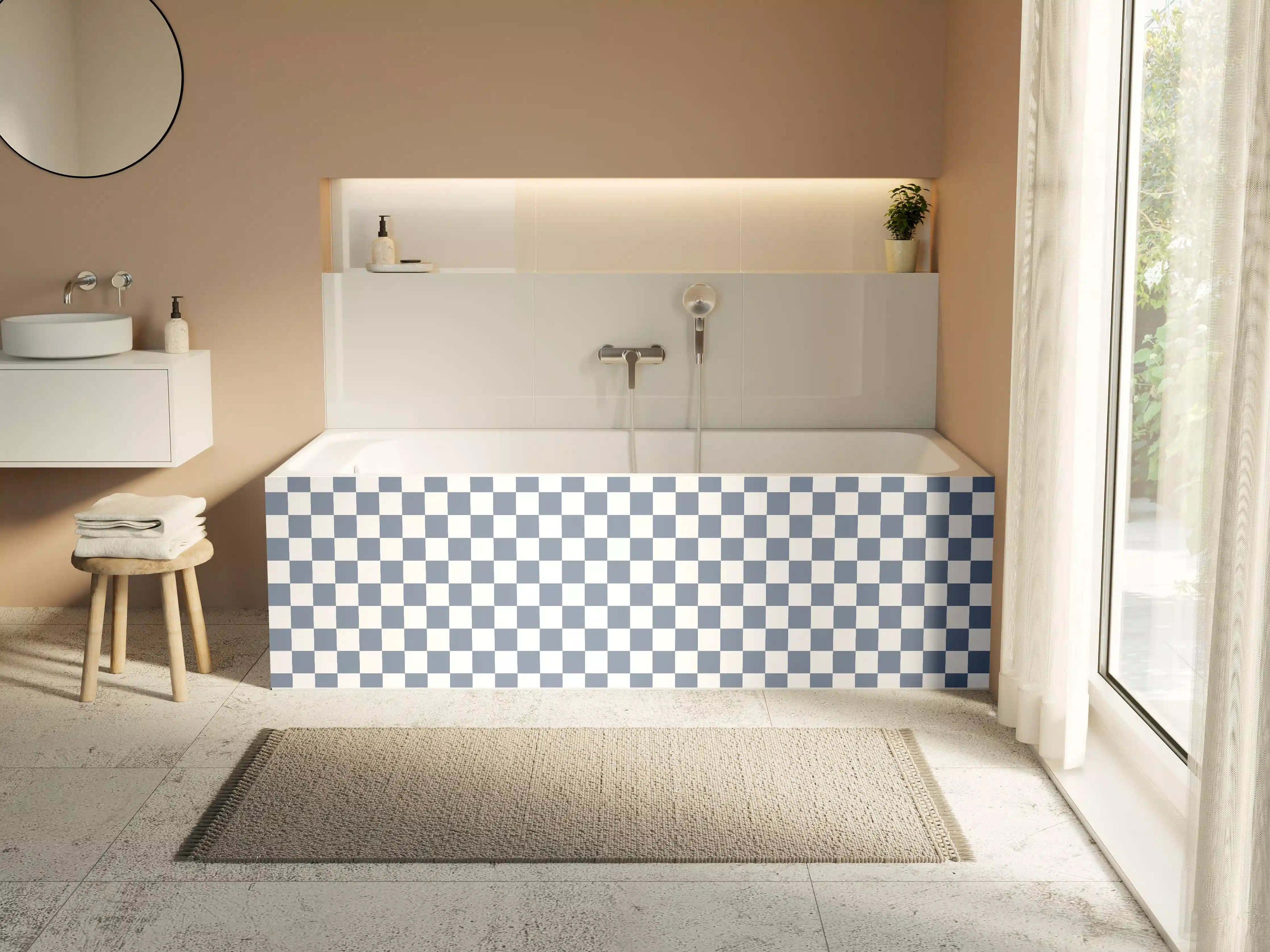 Badewannen-Rückwand - Checkered Pattern in Blau und Weiß