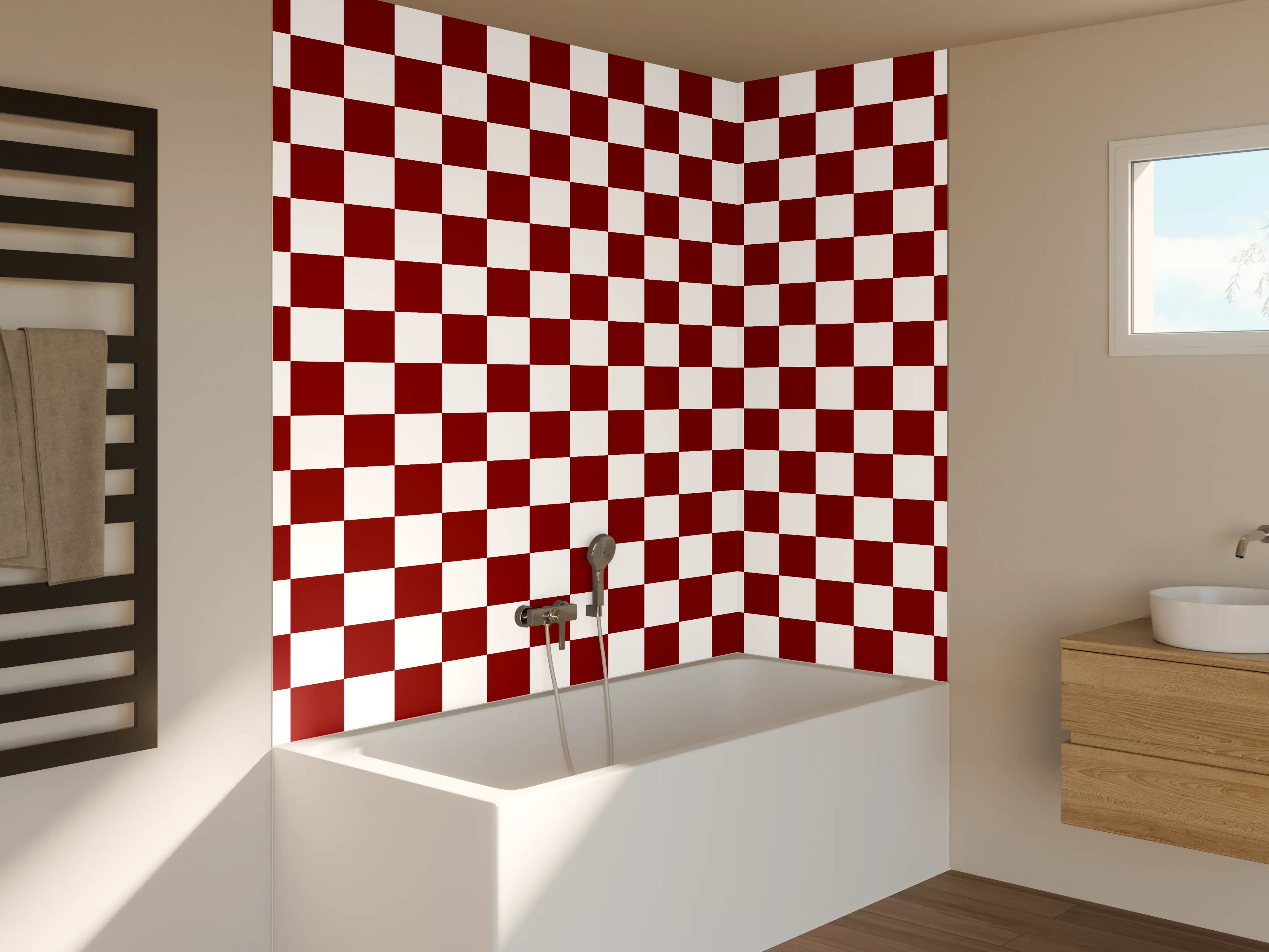 Badewannen-Rückwand - Checkered Pattern in Rot und Weiß