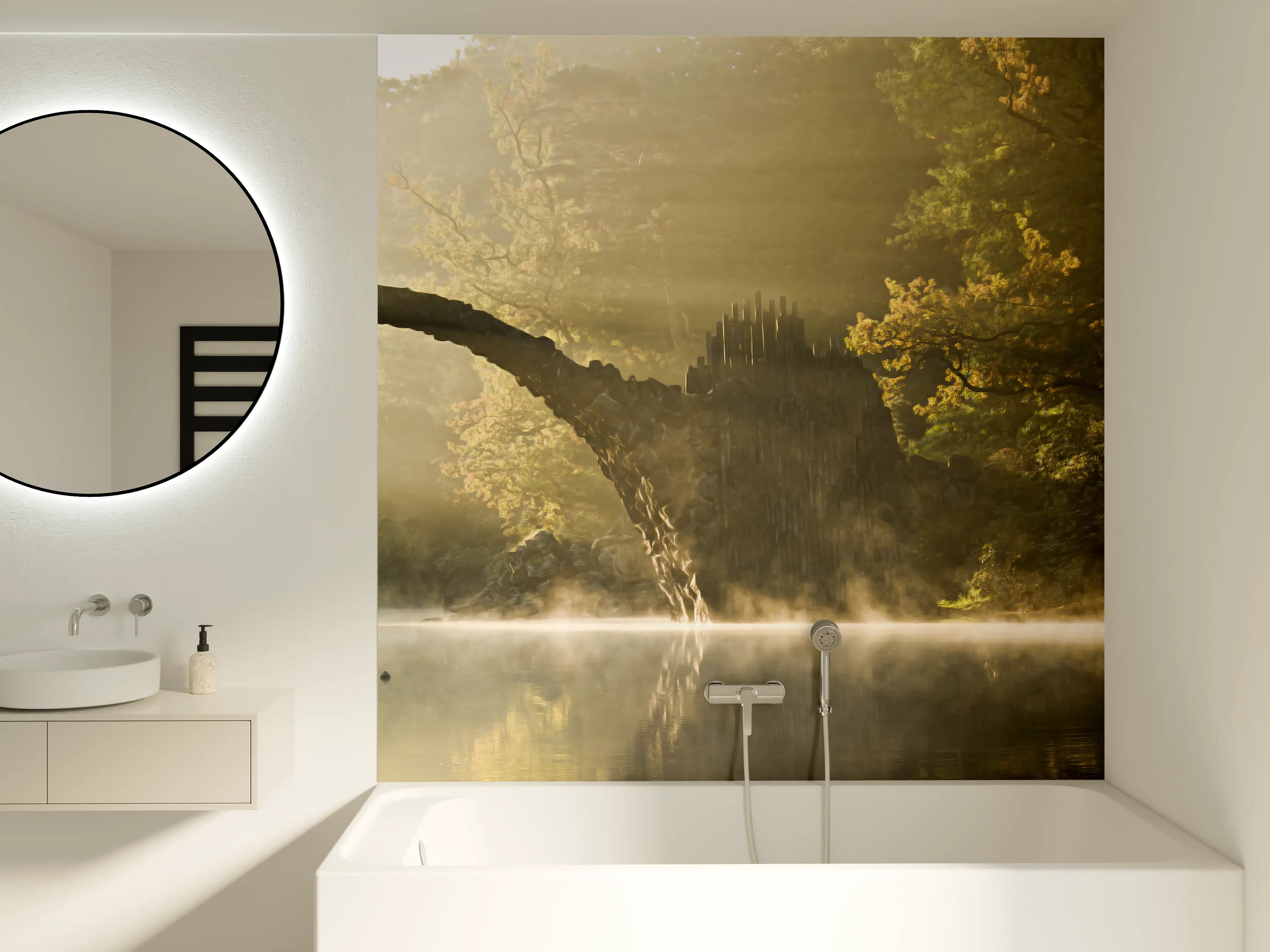 Badewannen-Rückwand - Dämmerung im Wald am Fluss