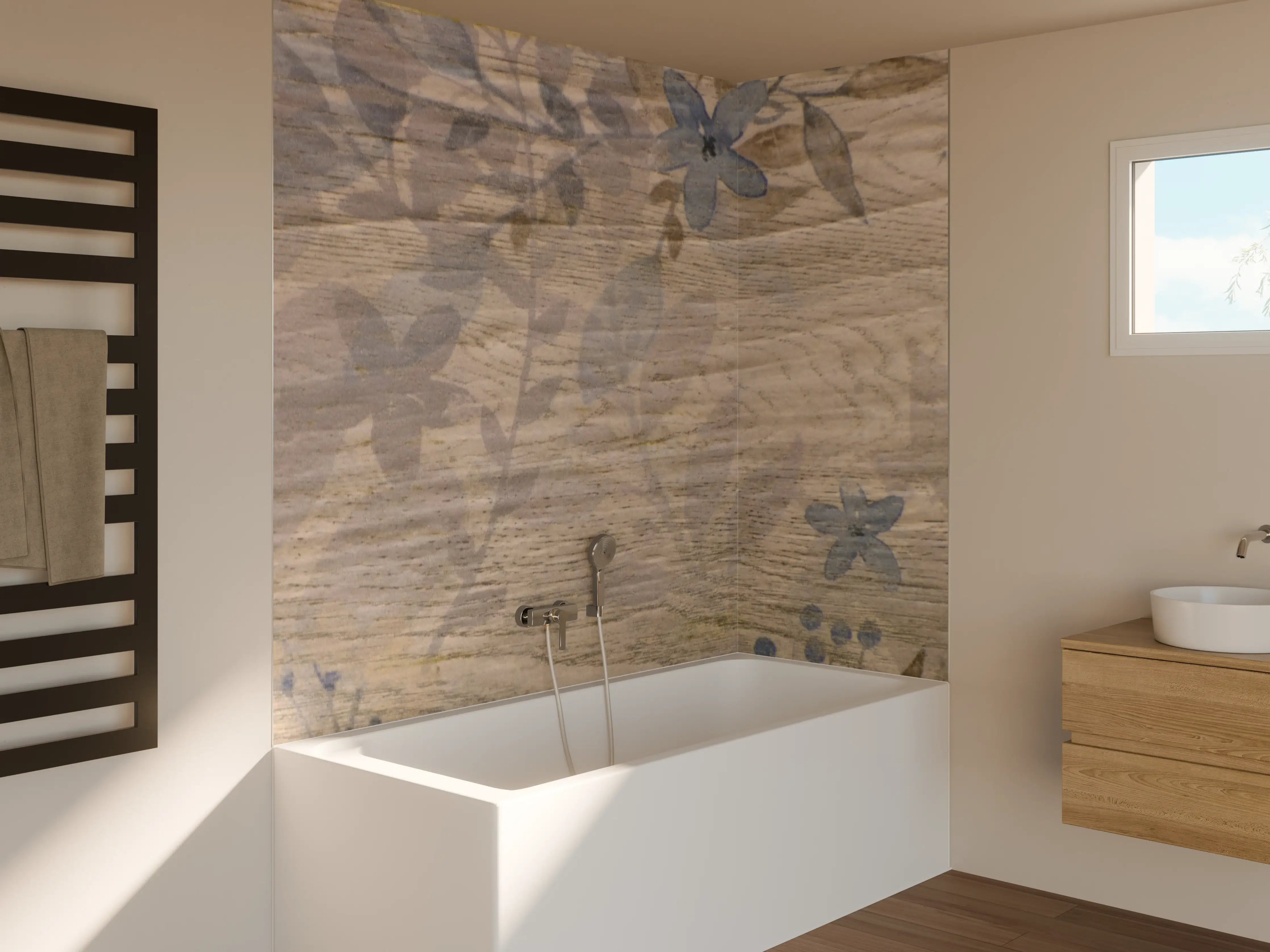 Badewannen-Rückwand - Dezenter Holzdesign mit floralen Akzenten