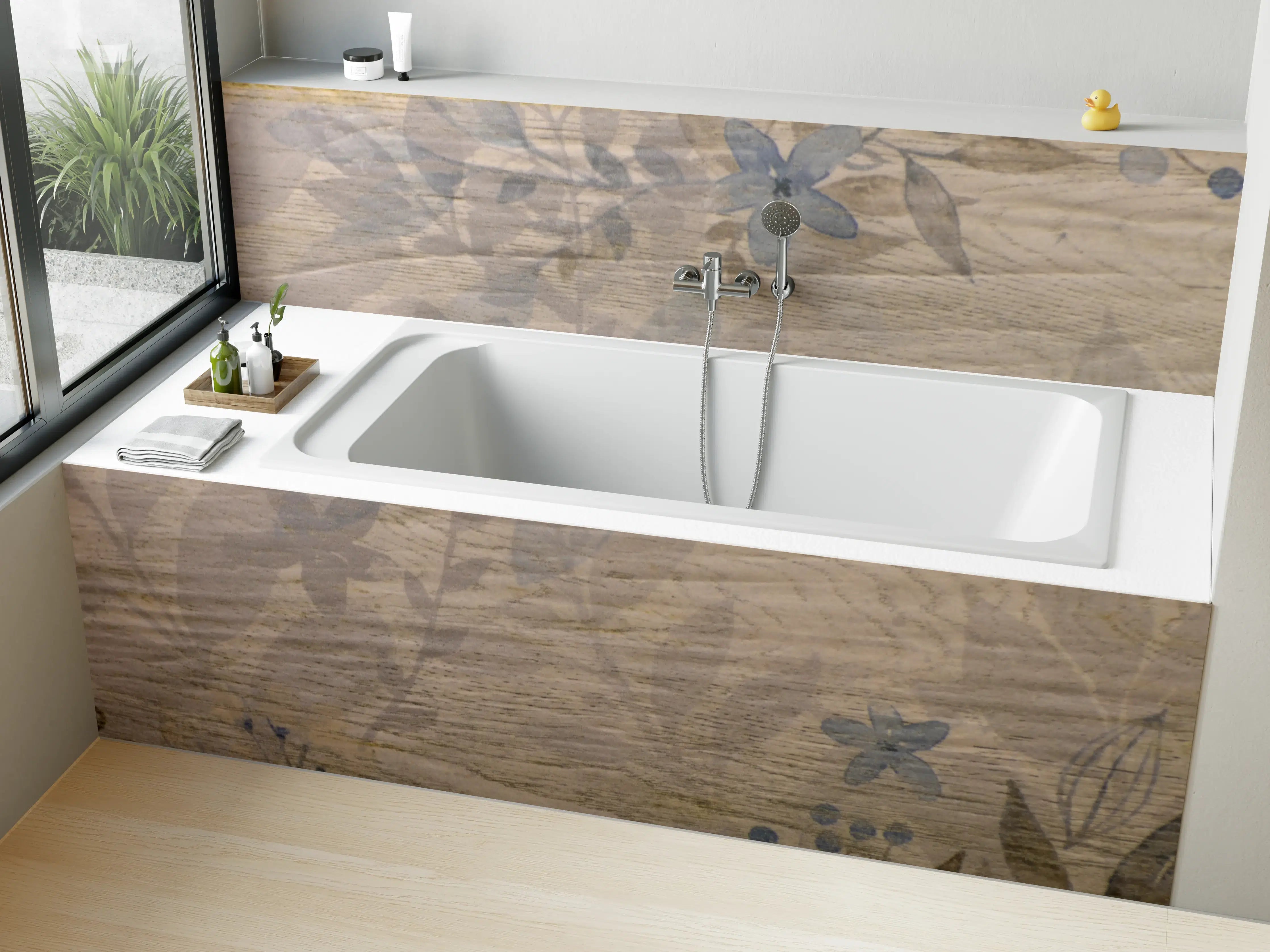 Badewannen-Rückwand - Dezenter Holzdesign mit floralen Akzenten