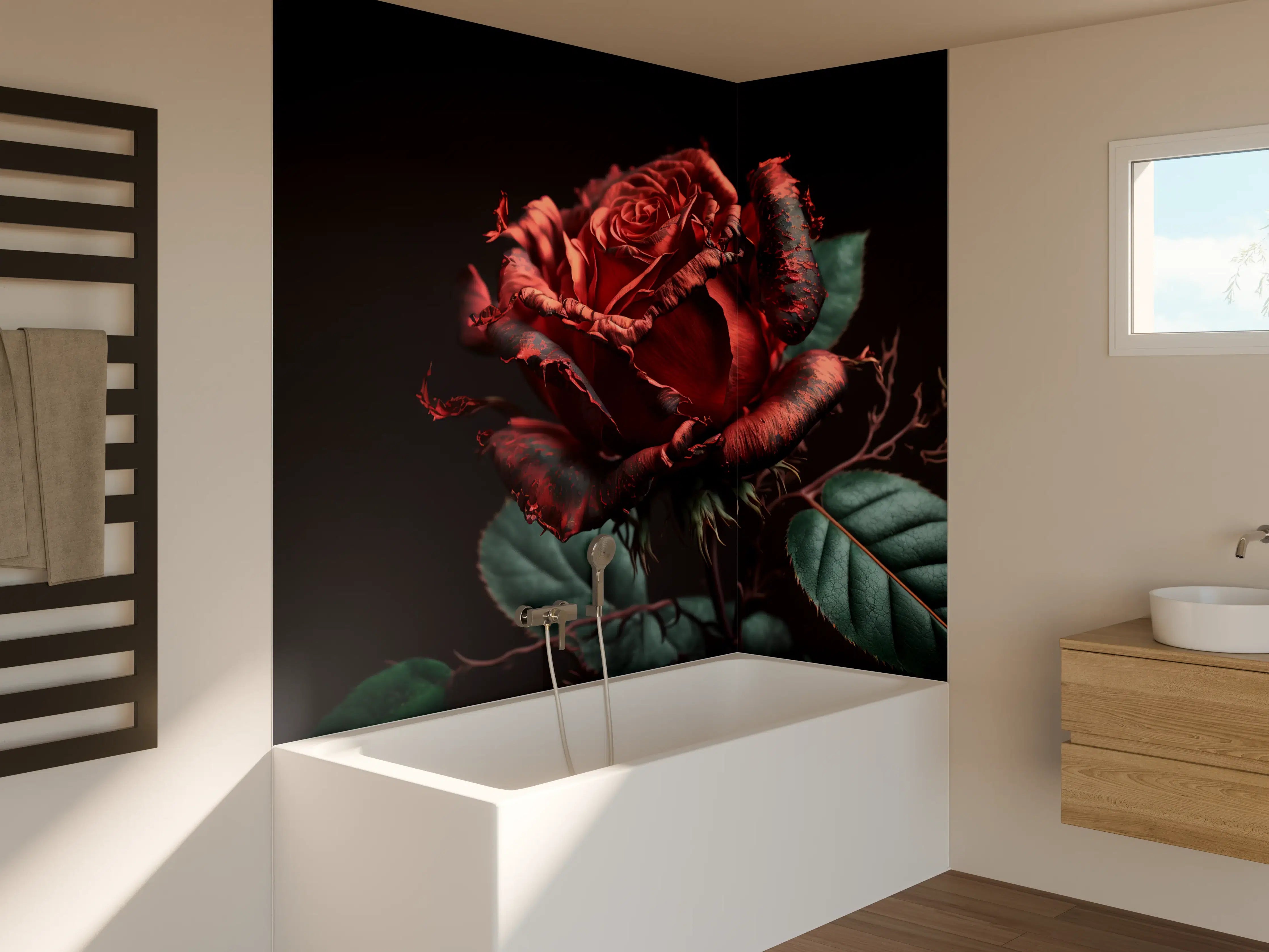 Badewannen-Rückwand - Dramatische rote Rose im Dunkeln
