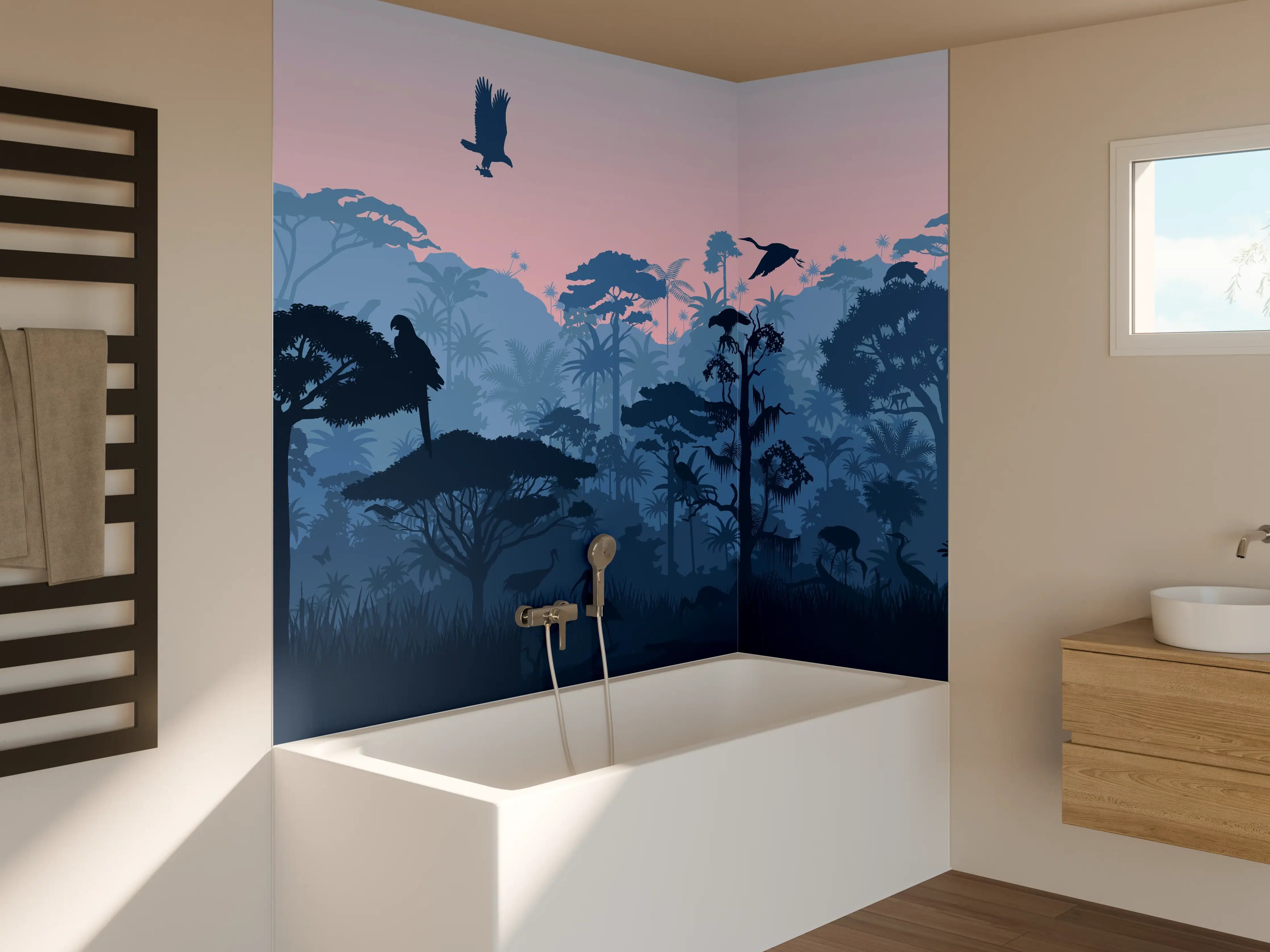 Badewannen-Rückwand - Dschungel Silhouette bei Dämmerung