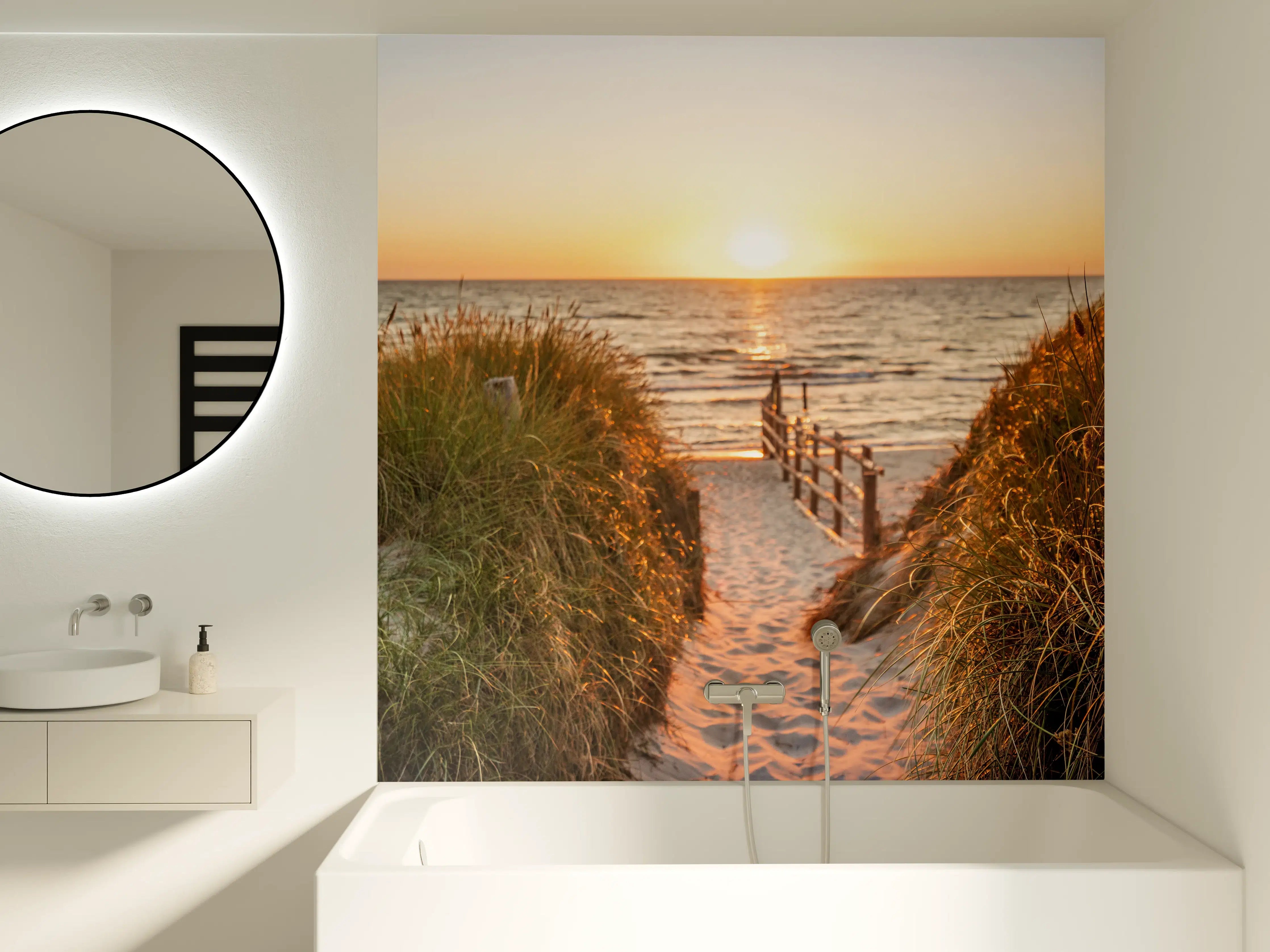 Badewannen-Rückwand - Dünen am Strand an der Nordsee bei Sonnenuntergang