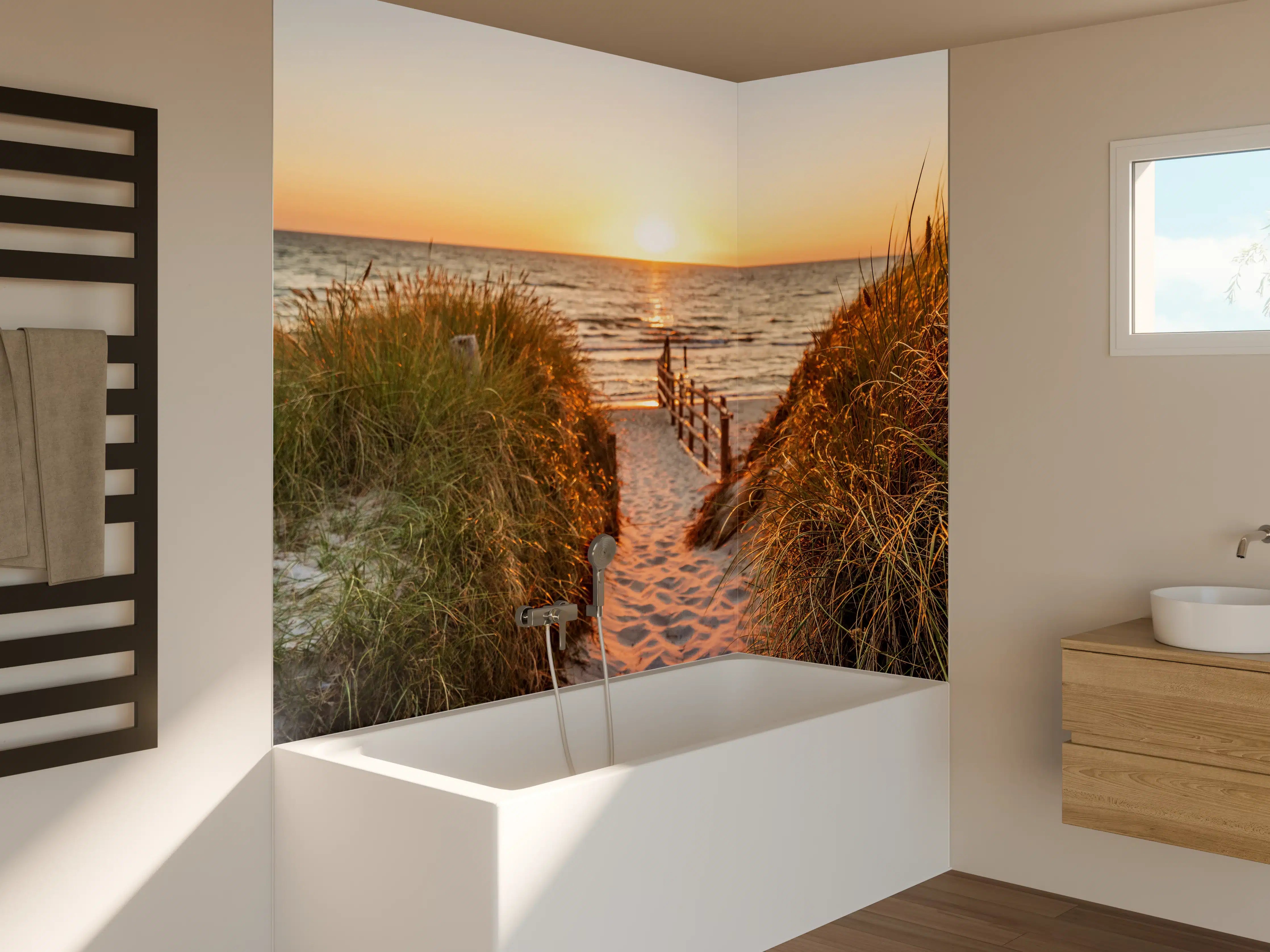 Badewannen-Rückwand - Dünen am Strand an der Nordsee bei Sonnenuntergang