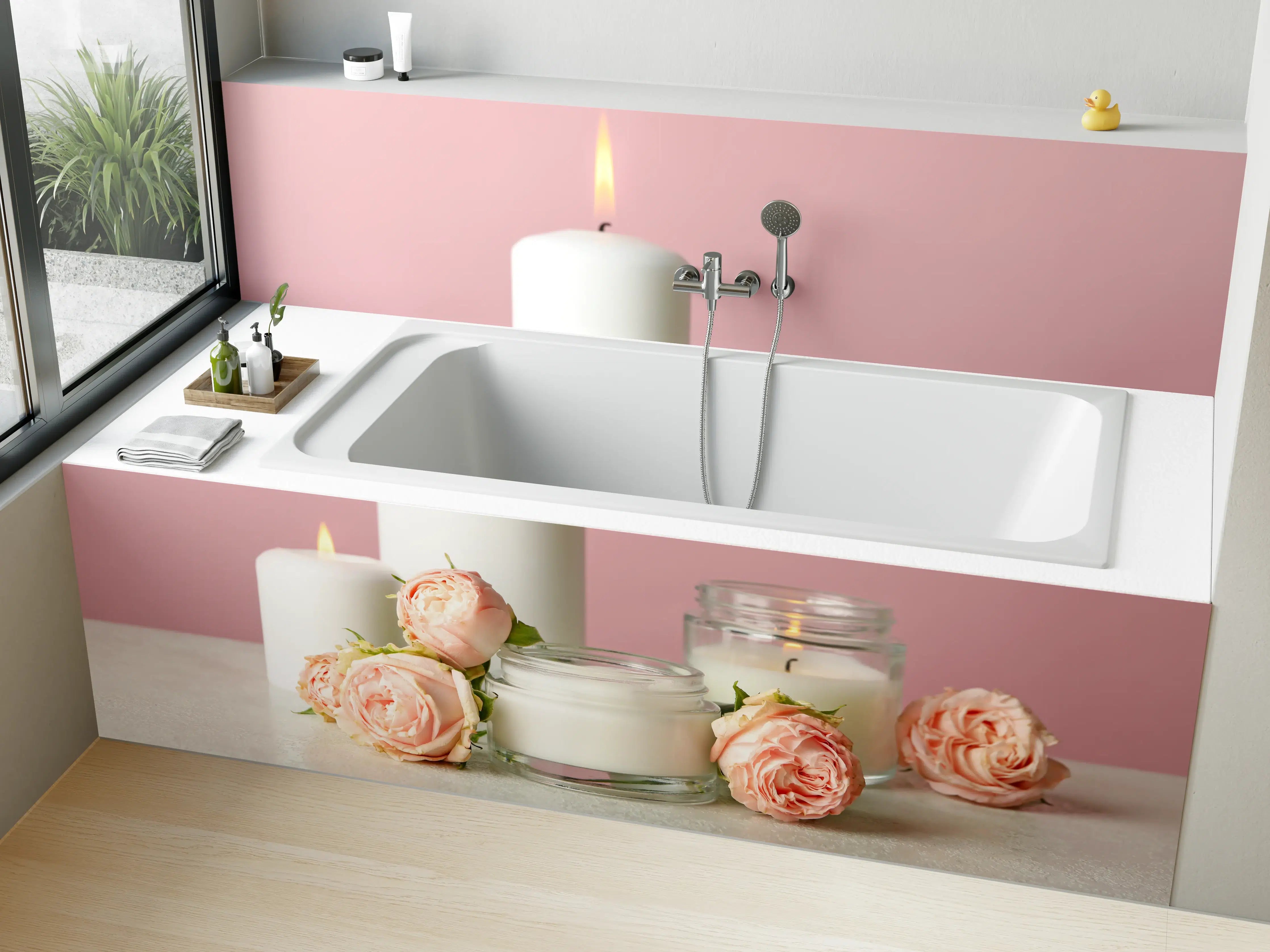 Badewannen-Rückwand - Duftkerzen und Rosen auf weißem Tisch