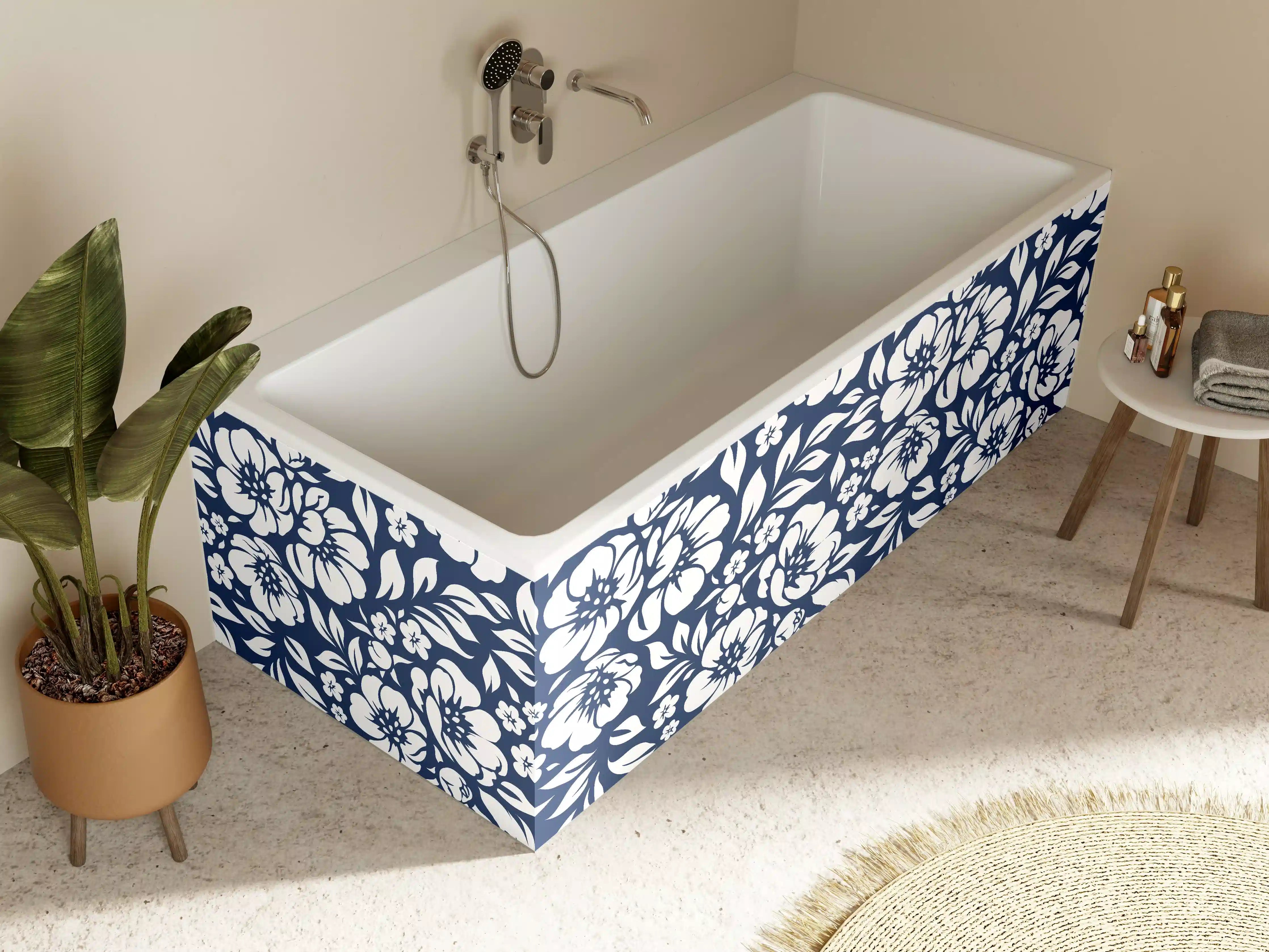 Badewannen-Rückwand - Dunkelblaue Blumen mit Grauweißem Muster