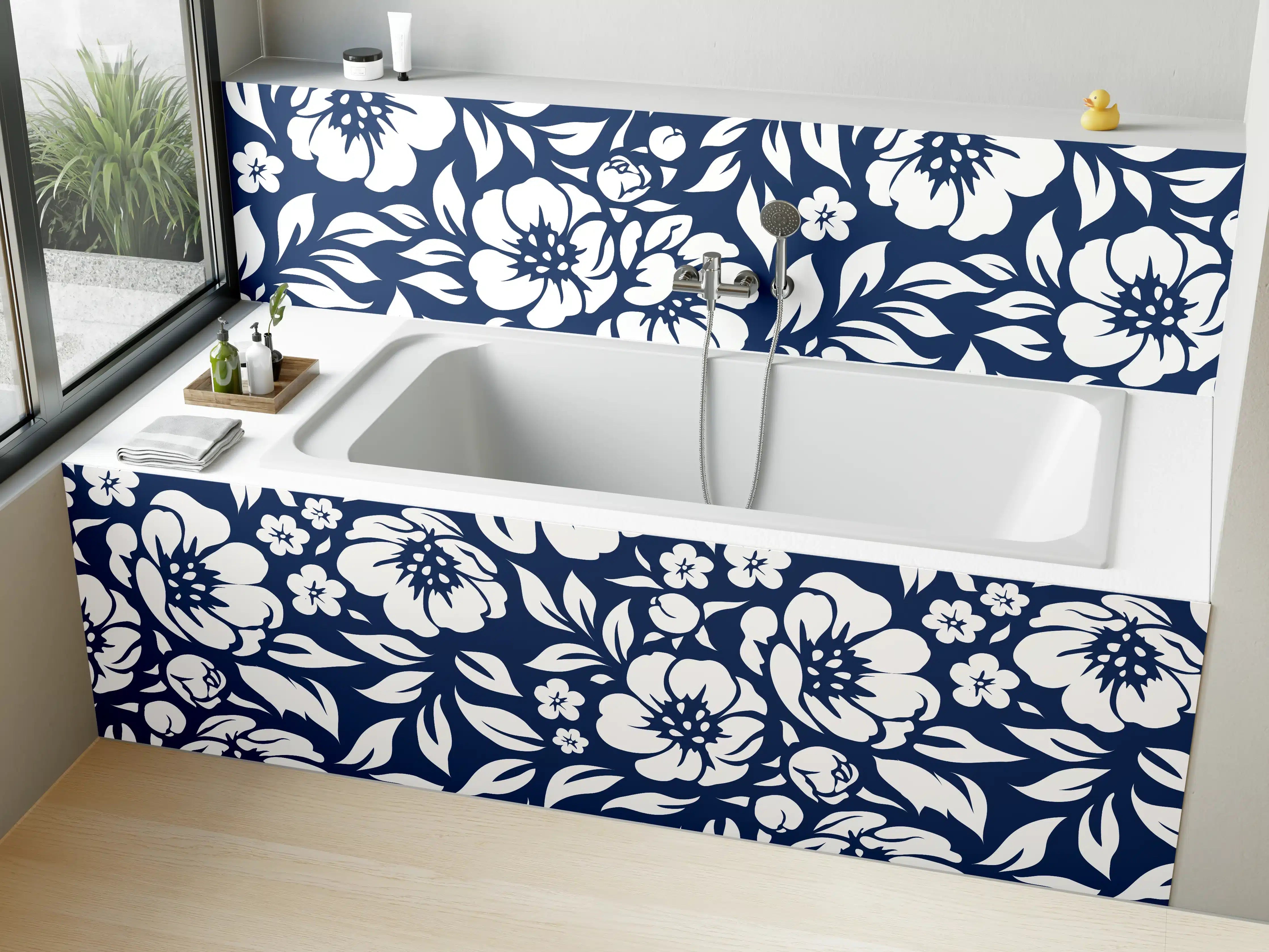 Badewannen-Rückwand - Dunkelblaue Blumen mit Grauweißem Muster