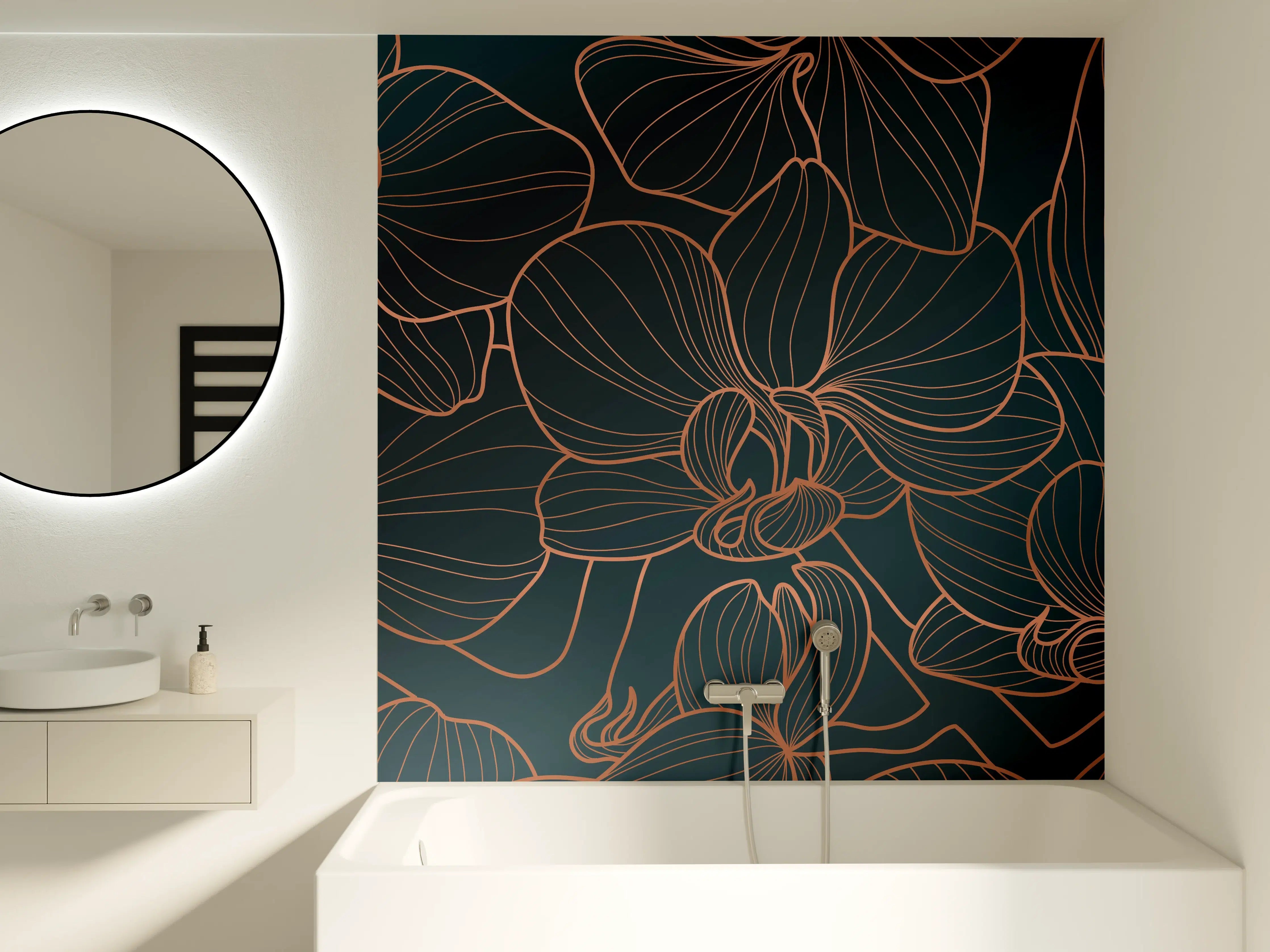 Badewannen-Rückwand - Dunkelblaue Floral Linien Kunst