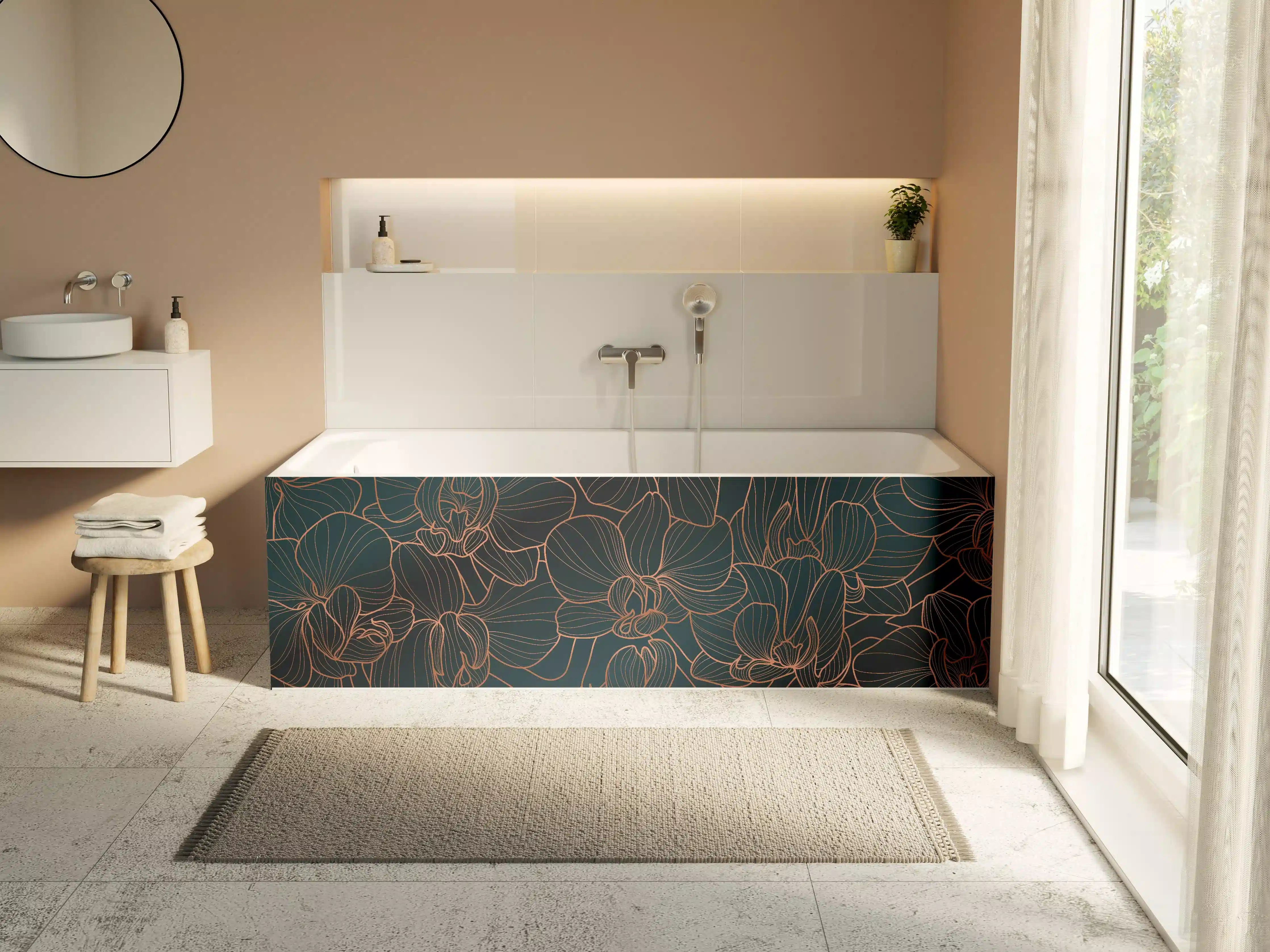 Badewannen-Rückwand - Dunkelblaue Floral Linien Kunst