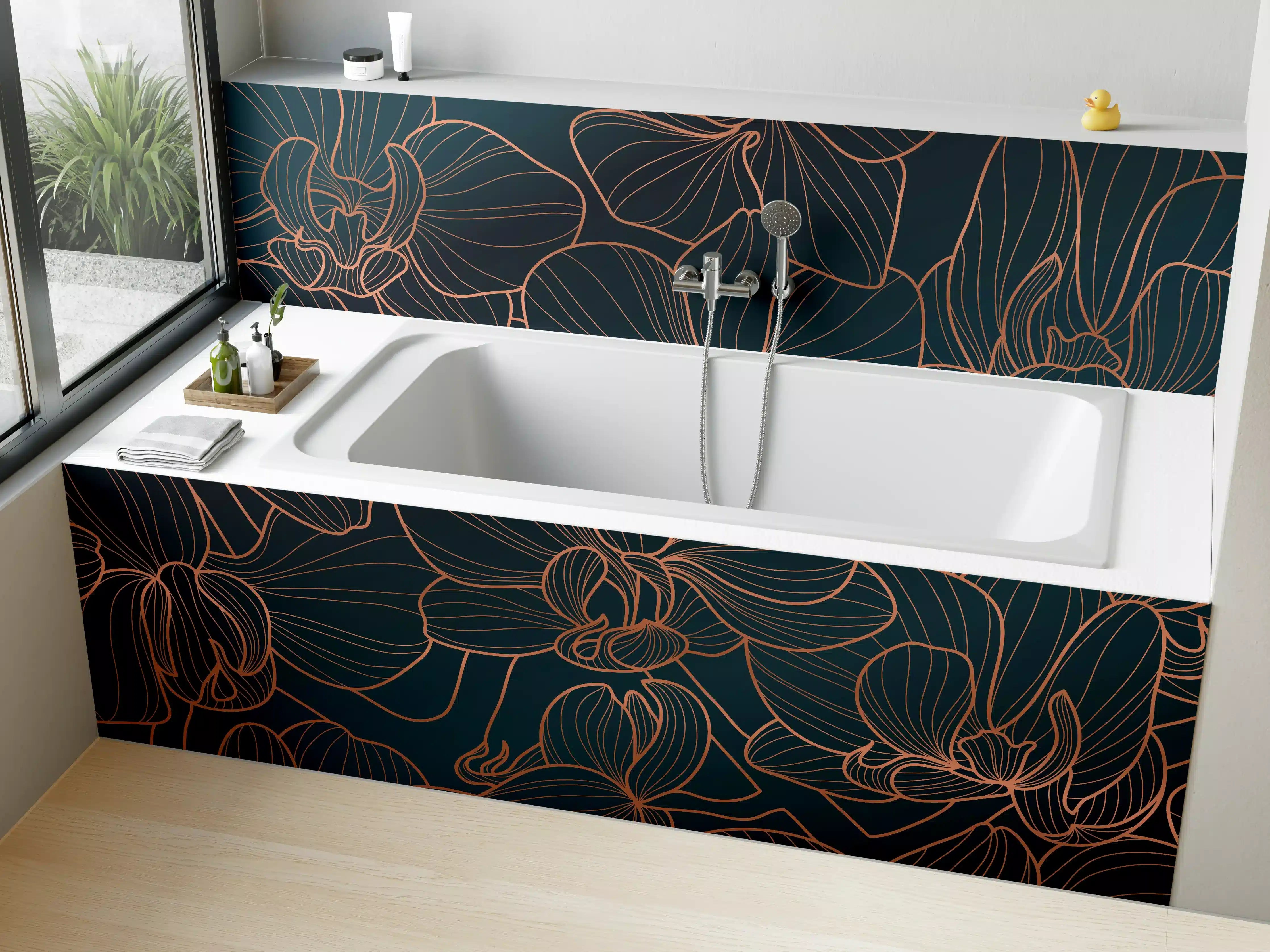 Badewannen-Rückwand - Dunkelblaue Floral Linien Kunst