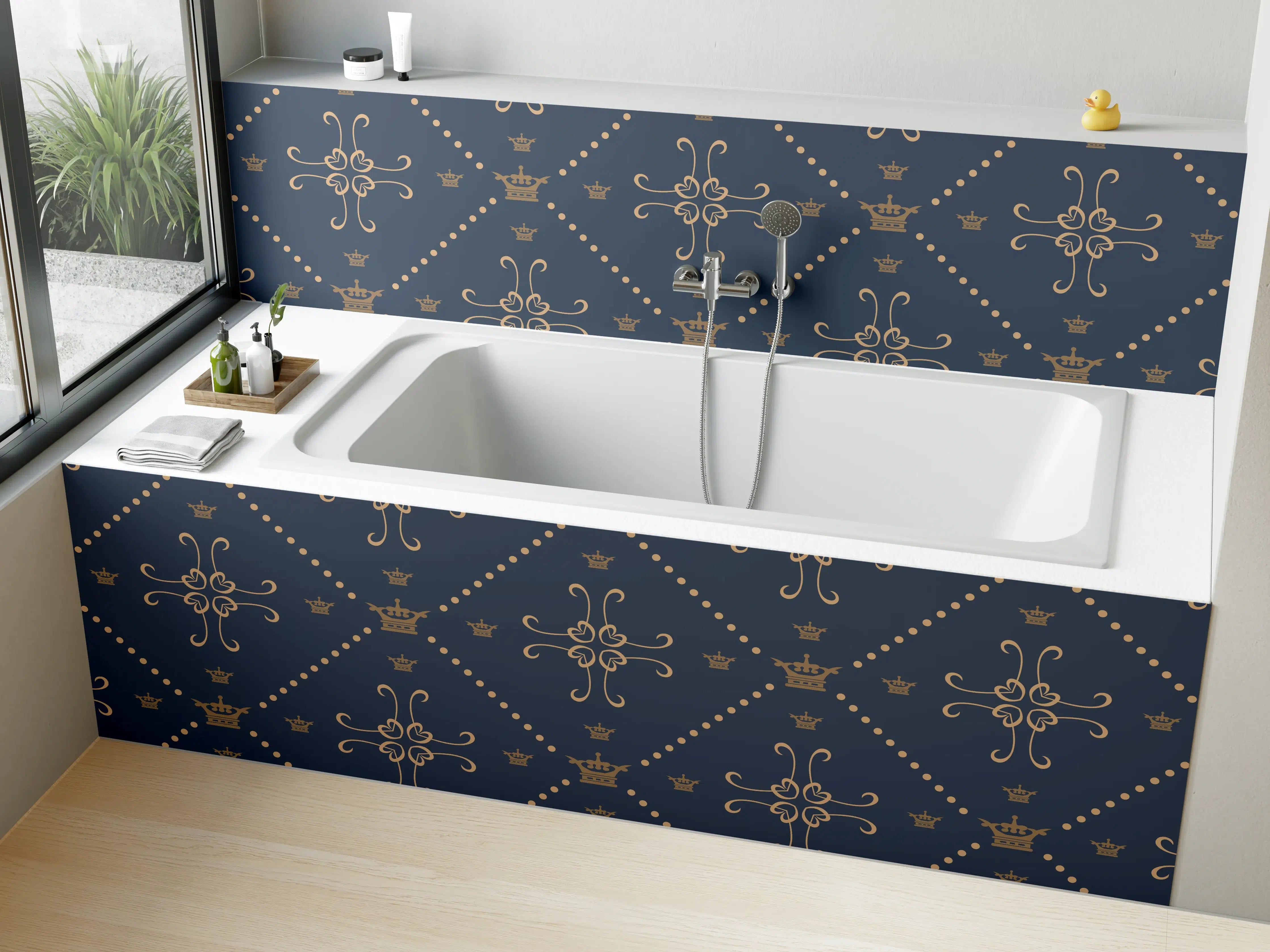Badewannen-Rückwand - Dunkelblaues Musterdesign mit stilvollen Motiven