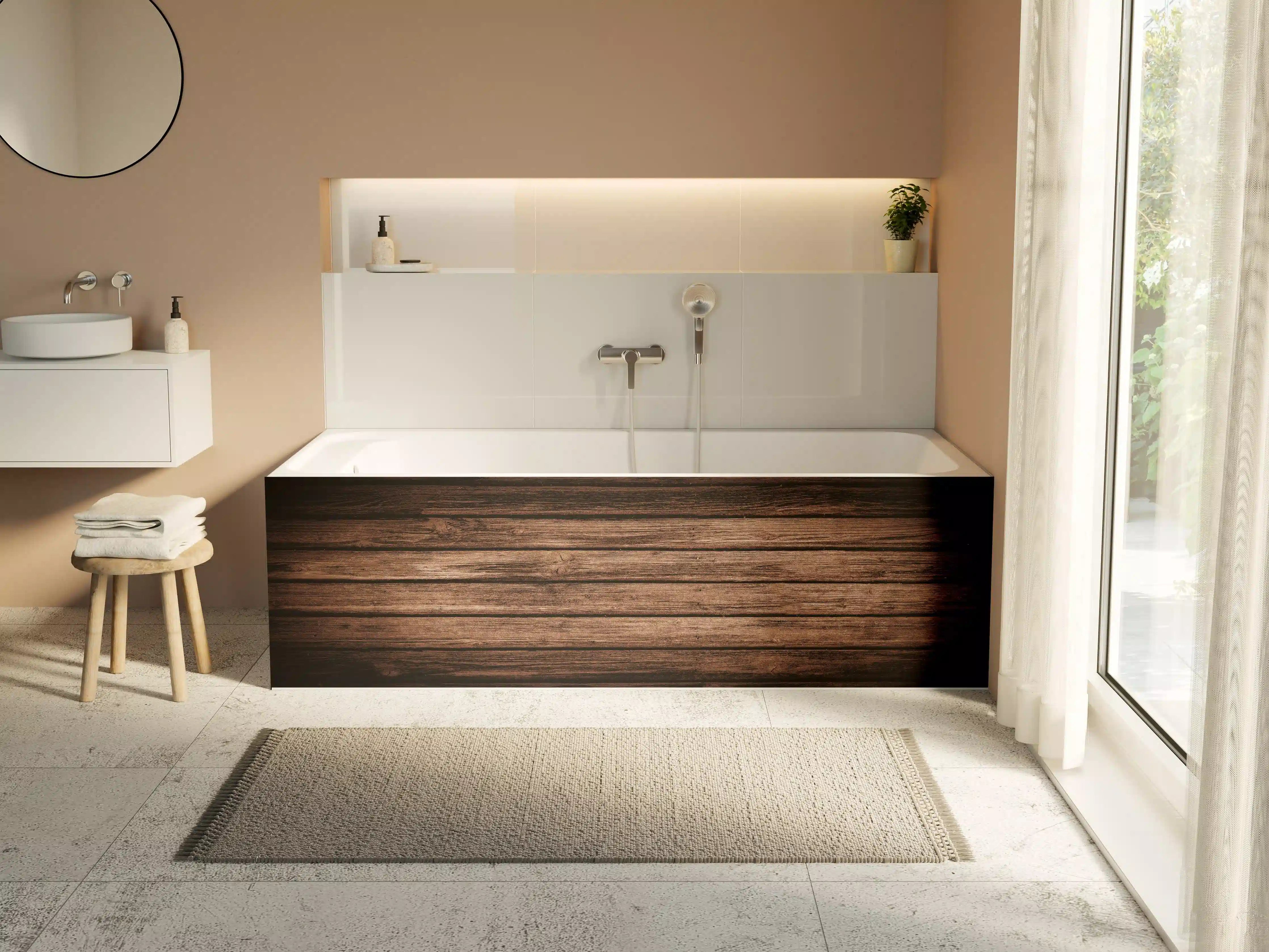 Badewannen-Rückwand - Dunkelbraun-rustikale Holzplanken