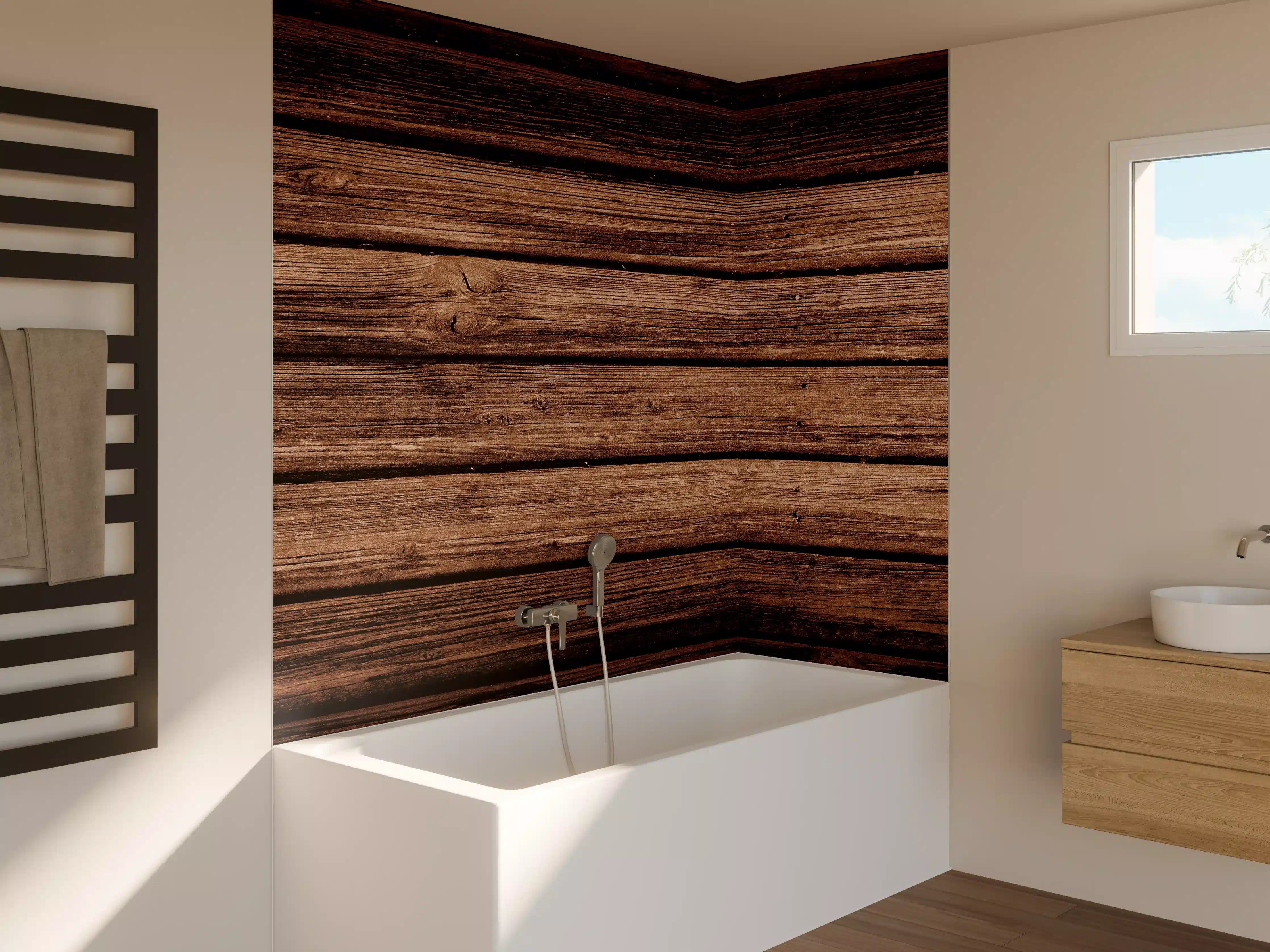 Badewannen-Rückwand - Dunkelbraun-rustikale Holzplanken