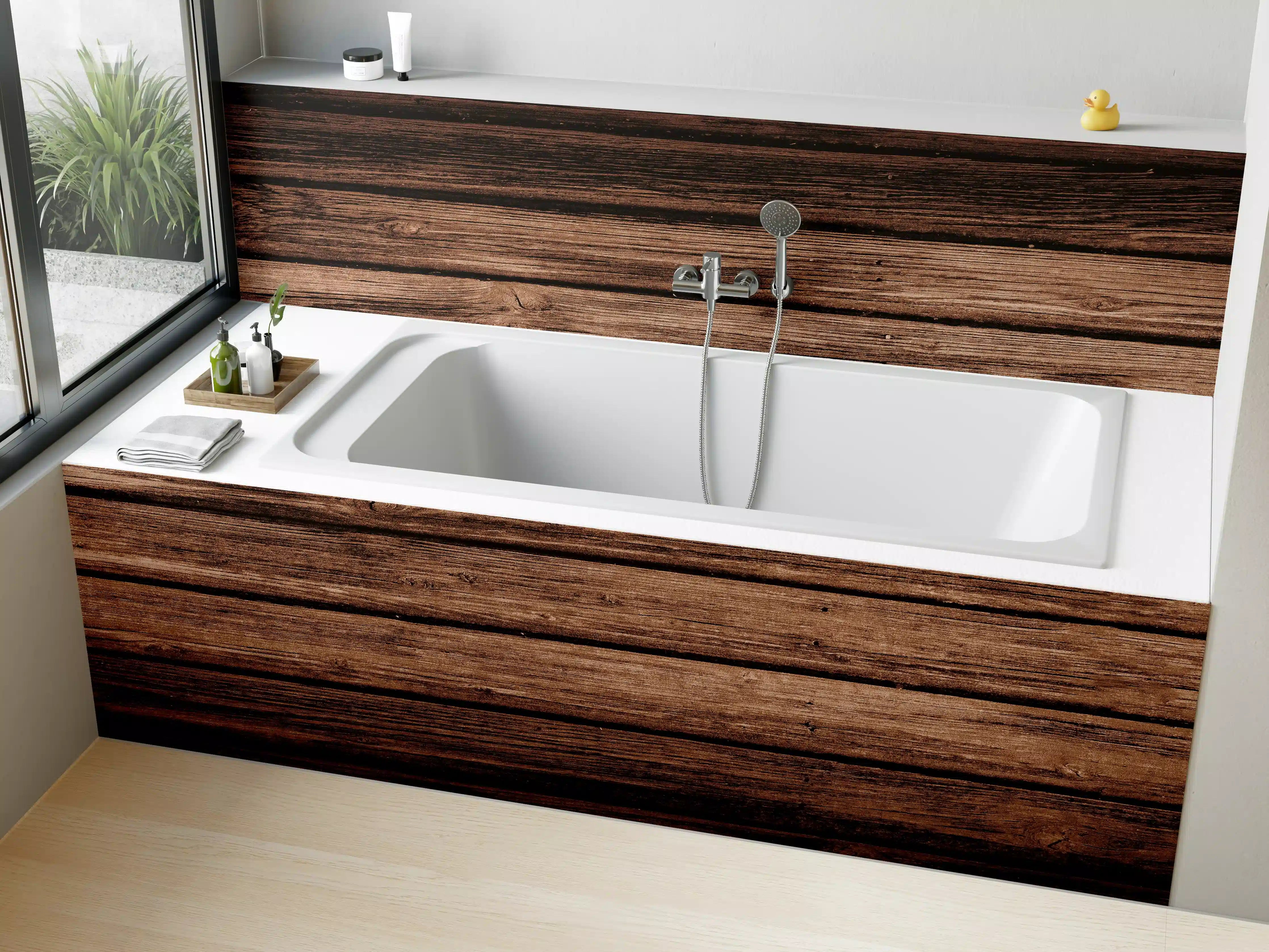 Badewannen-Rückwand - Dunkelbraun-rustikale Holzplanken