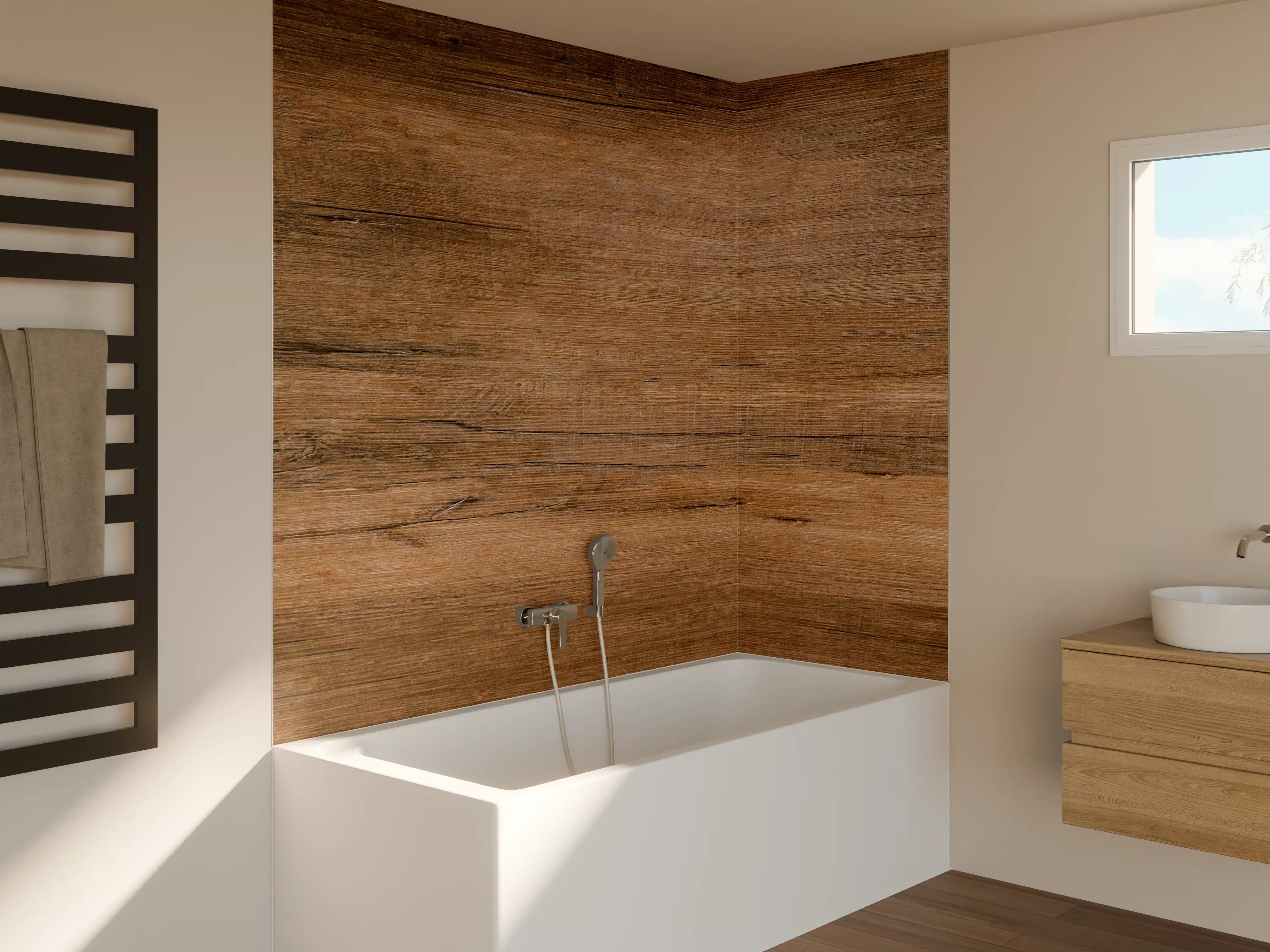 Badewannen-Rückwand - Dunkelbraune Holzplatte