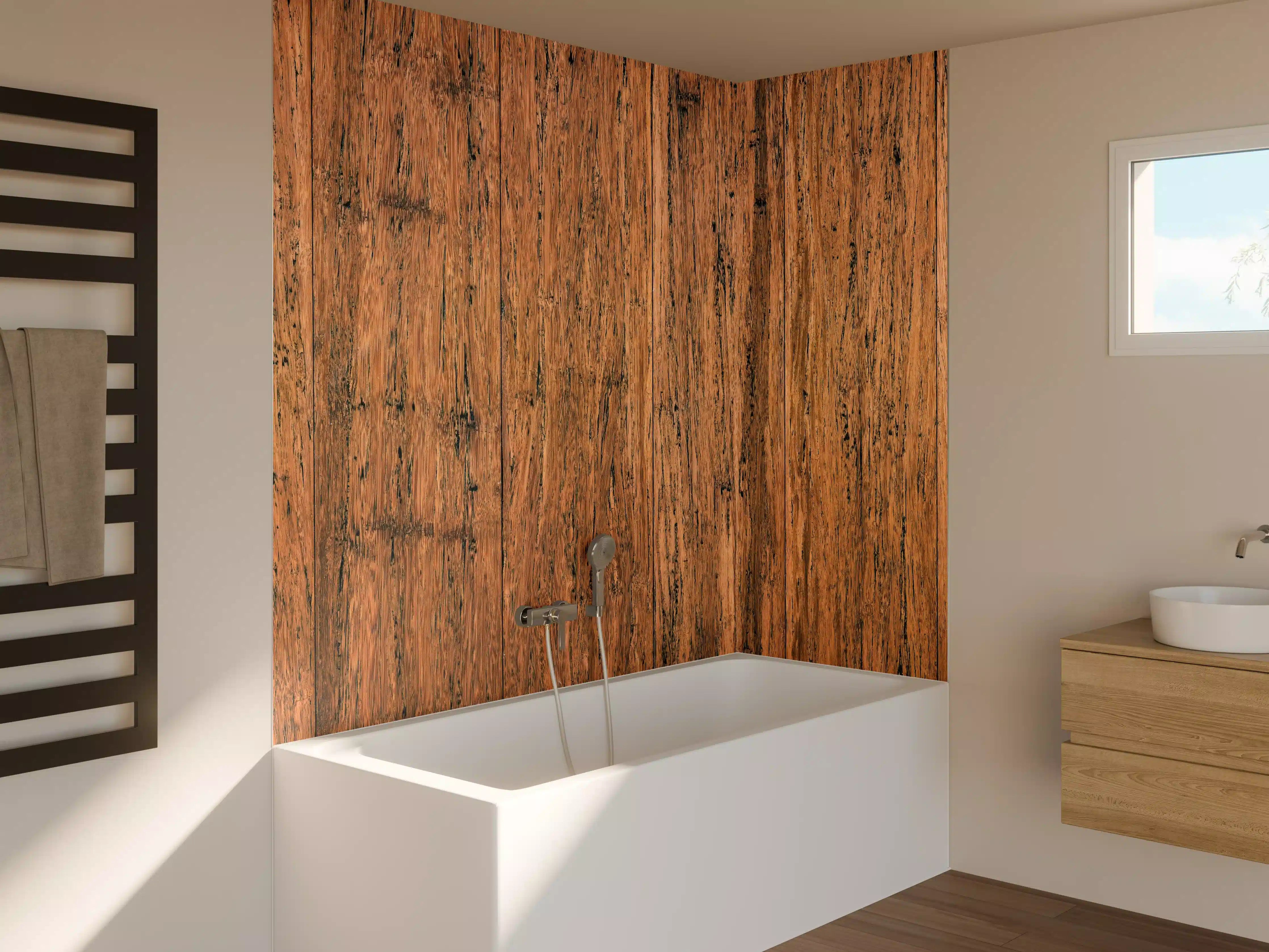 Badewannen-Rückwand - Dunkelbraunes rustikales Holzbrett