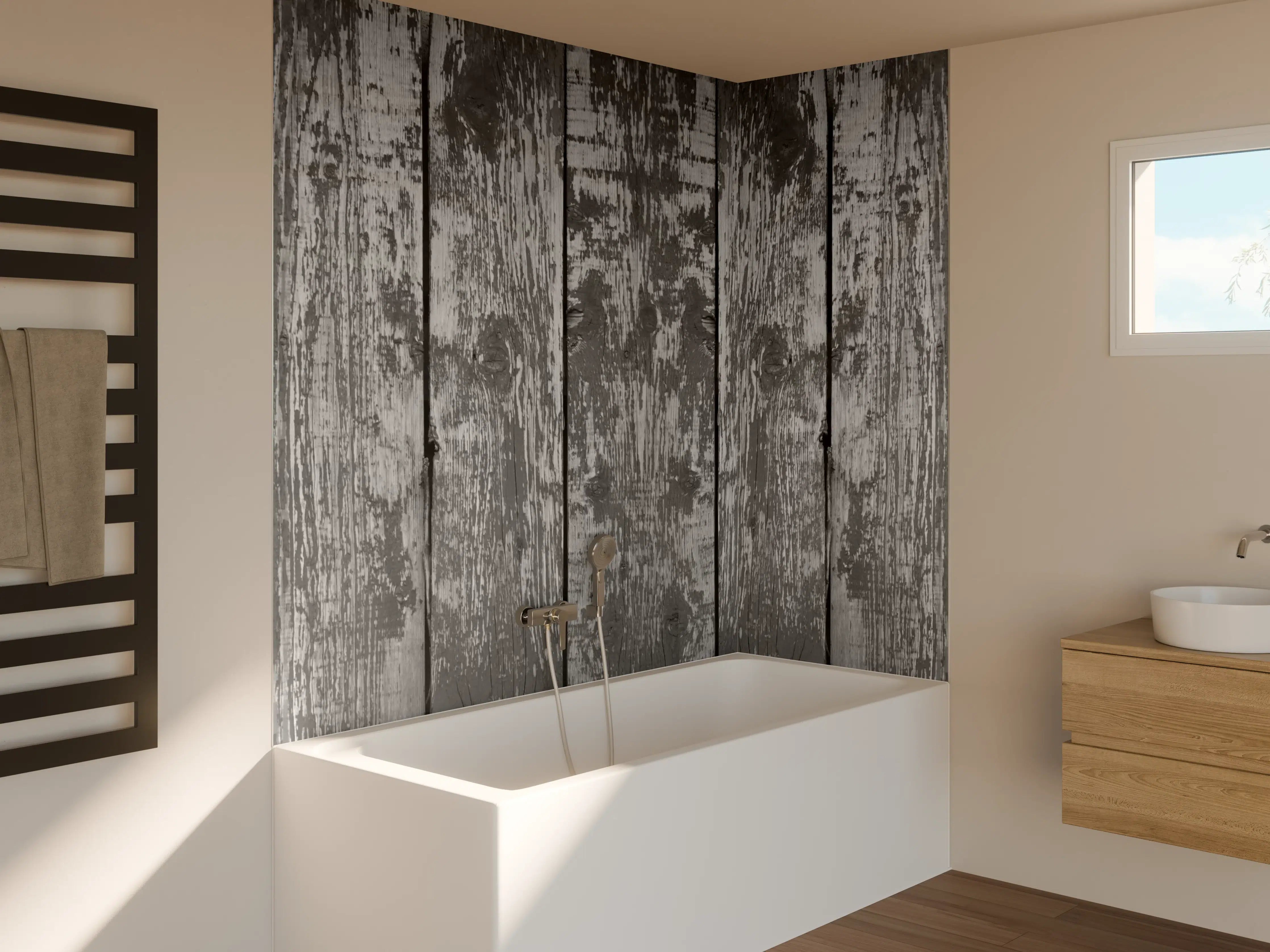 Badewannen-Rückwand - Dunkelgrauer Holzhintergrund