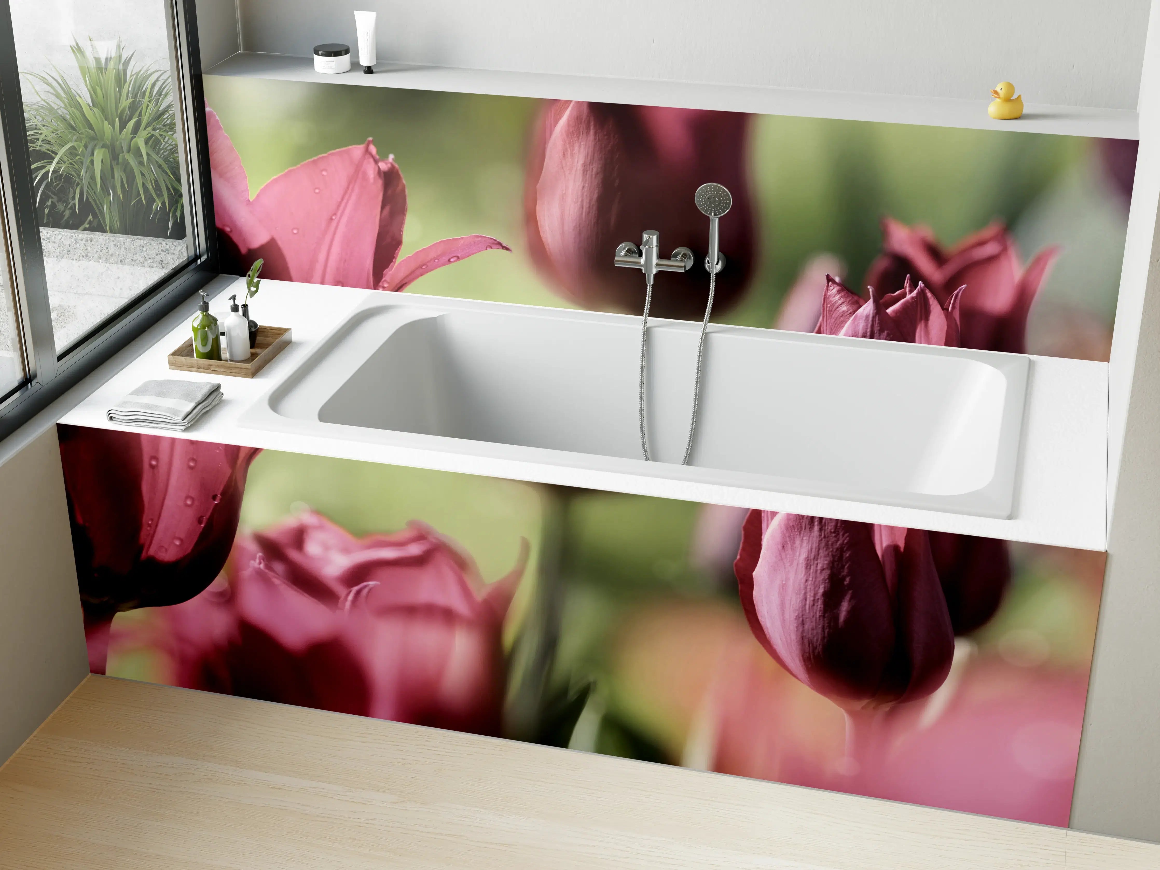 Badewannen-Rückwand - Dunkelrosa Tulpen