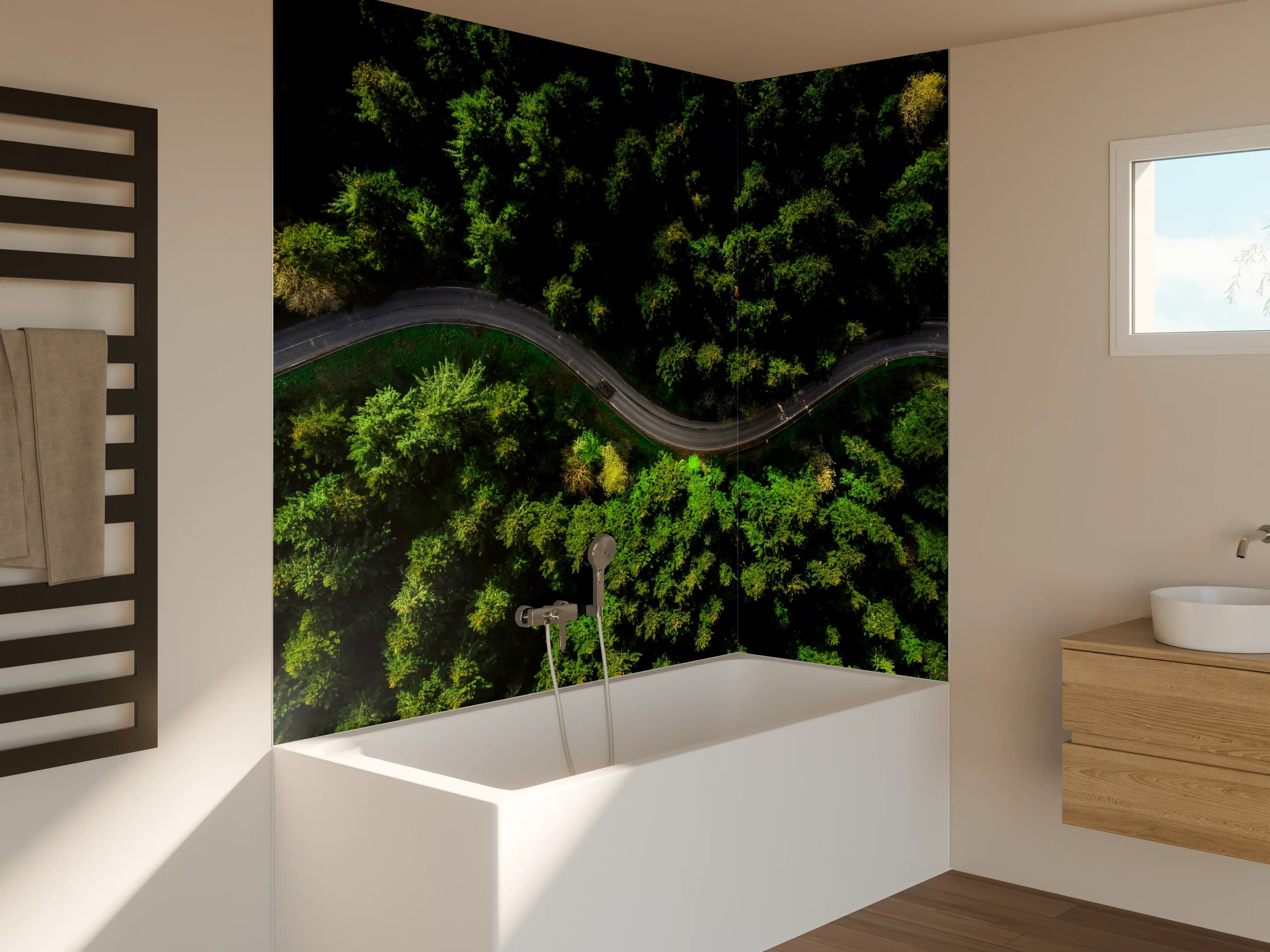 Badewannen-Rückwand - Dunkle Bergstraße durch dichten Wald