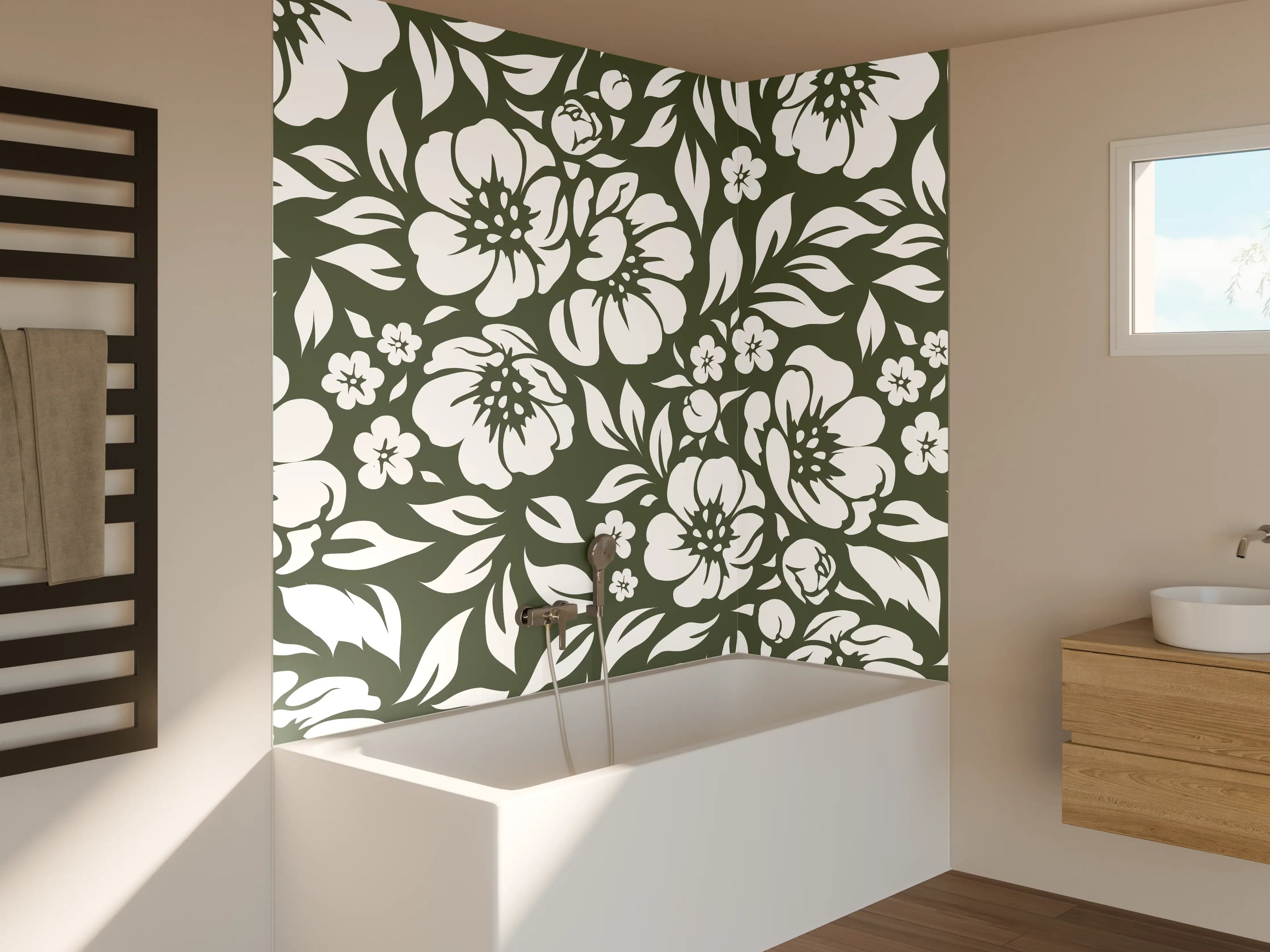 Badewannen-Rückwand - Dunkle Blumenmuster mit Weiß-auf-Schwarz-Kontrast