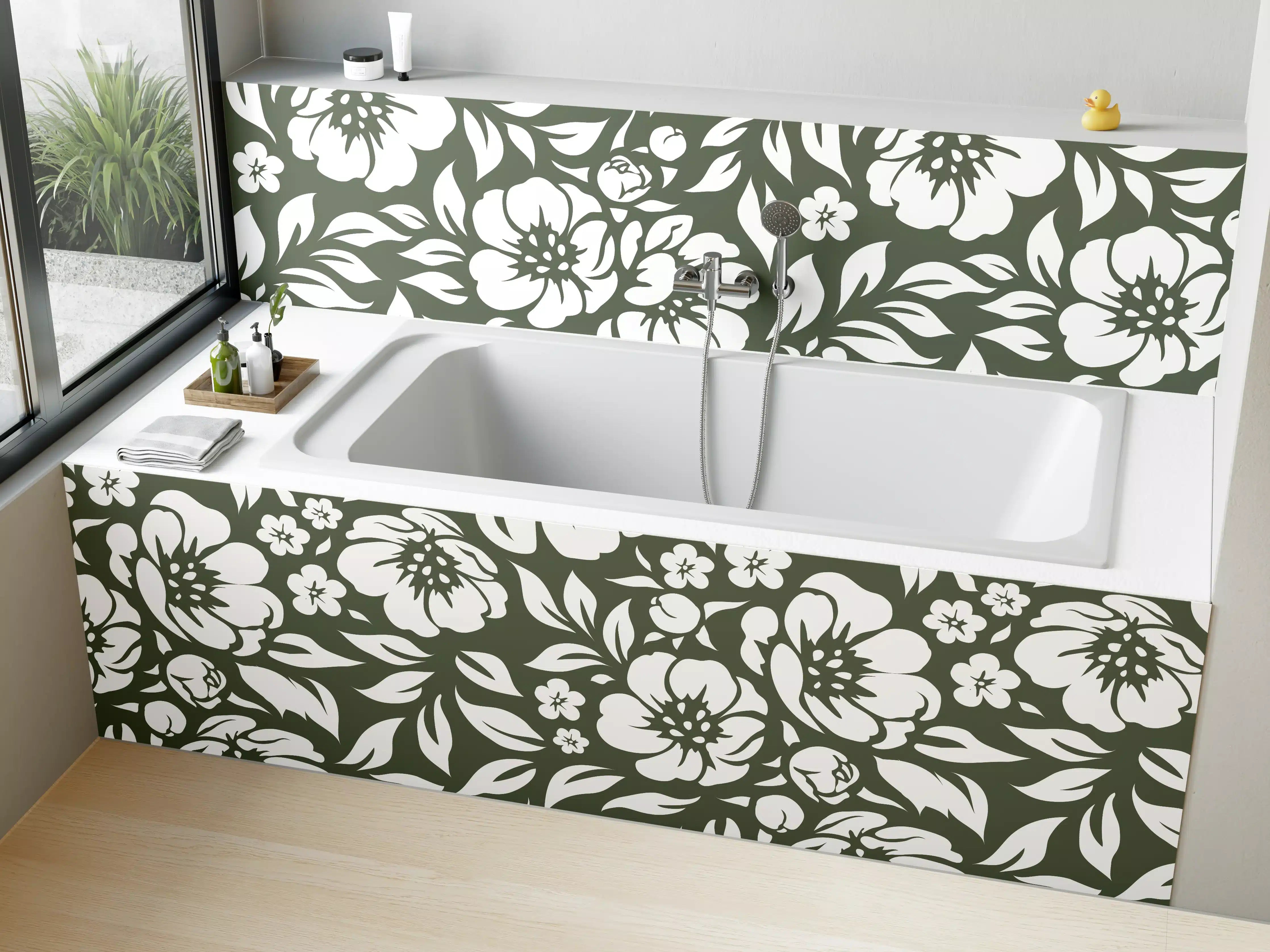 Badewannen-Rückwand - Dunkle Blumenmuster mit Weiß-auf-Schwarz-Kontrast