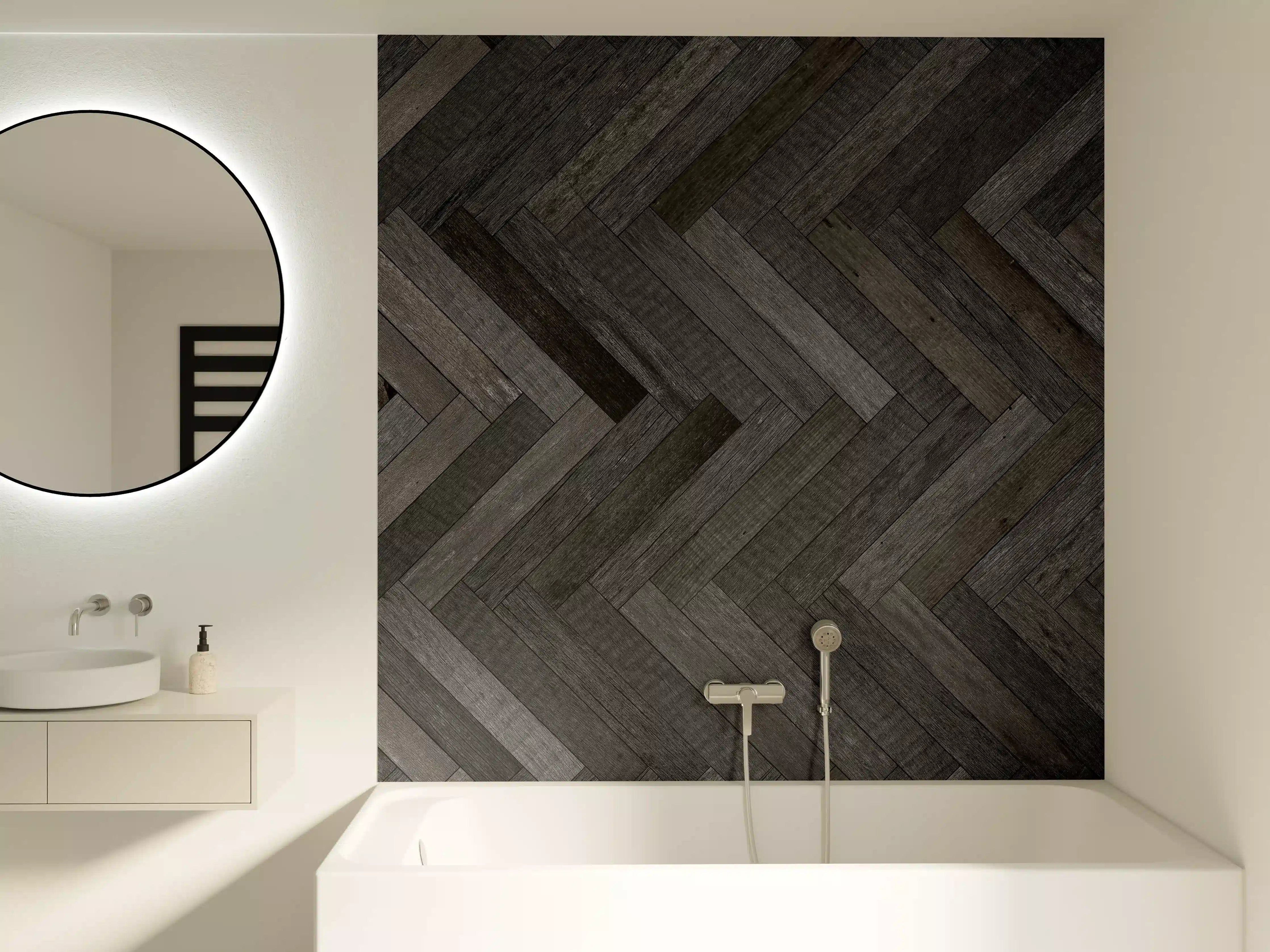 Badewannen-Rückwand - Dunkle Herringbone-Holzoptik