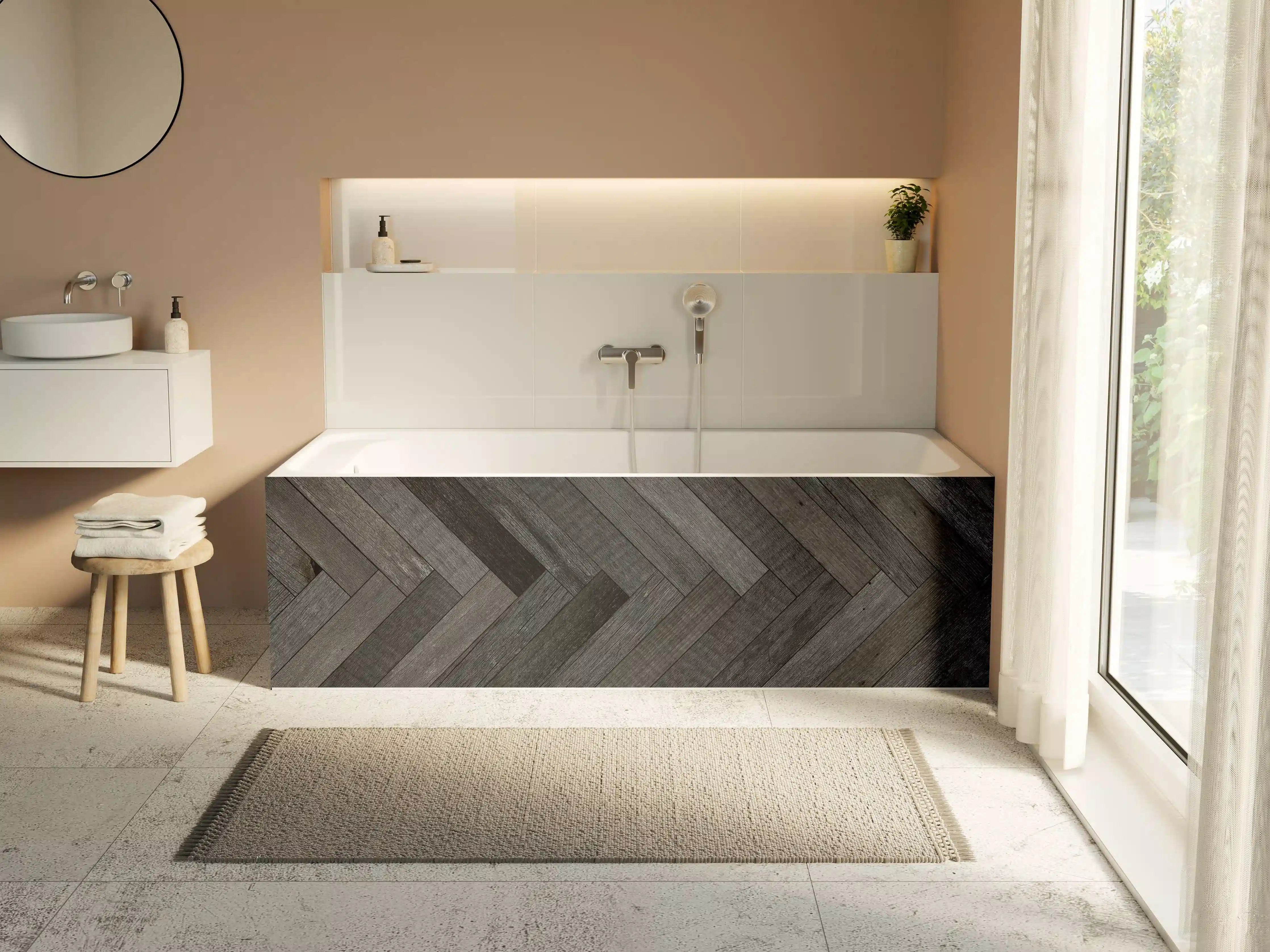 Badewannen-Rückwand - Dunkle Herringbone-Holzoptik