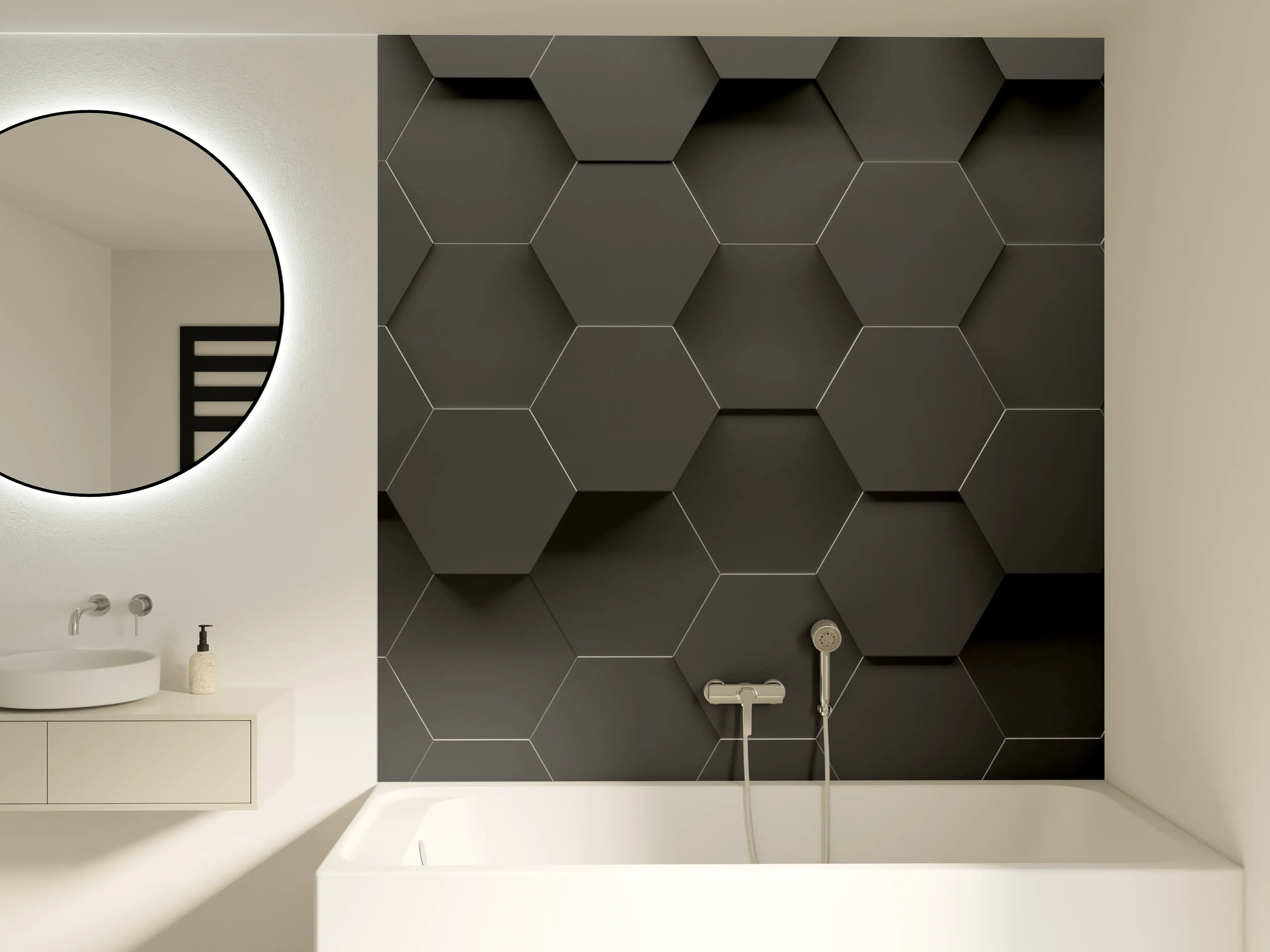 Badewannen-Rückwand - Dunkle Hexagon-Musterwand mit 3D-Effekt