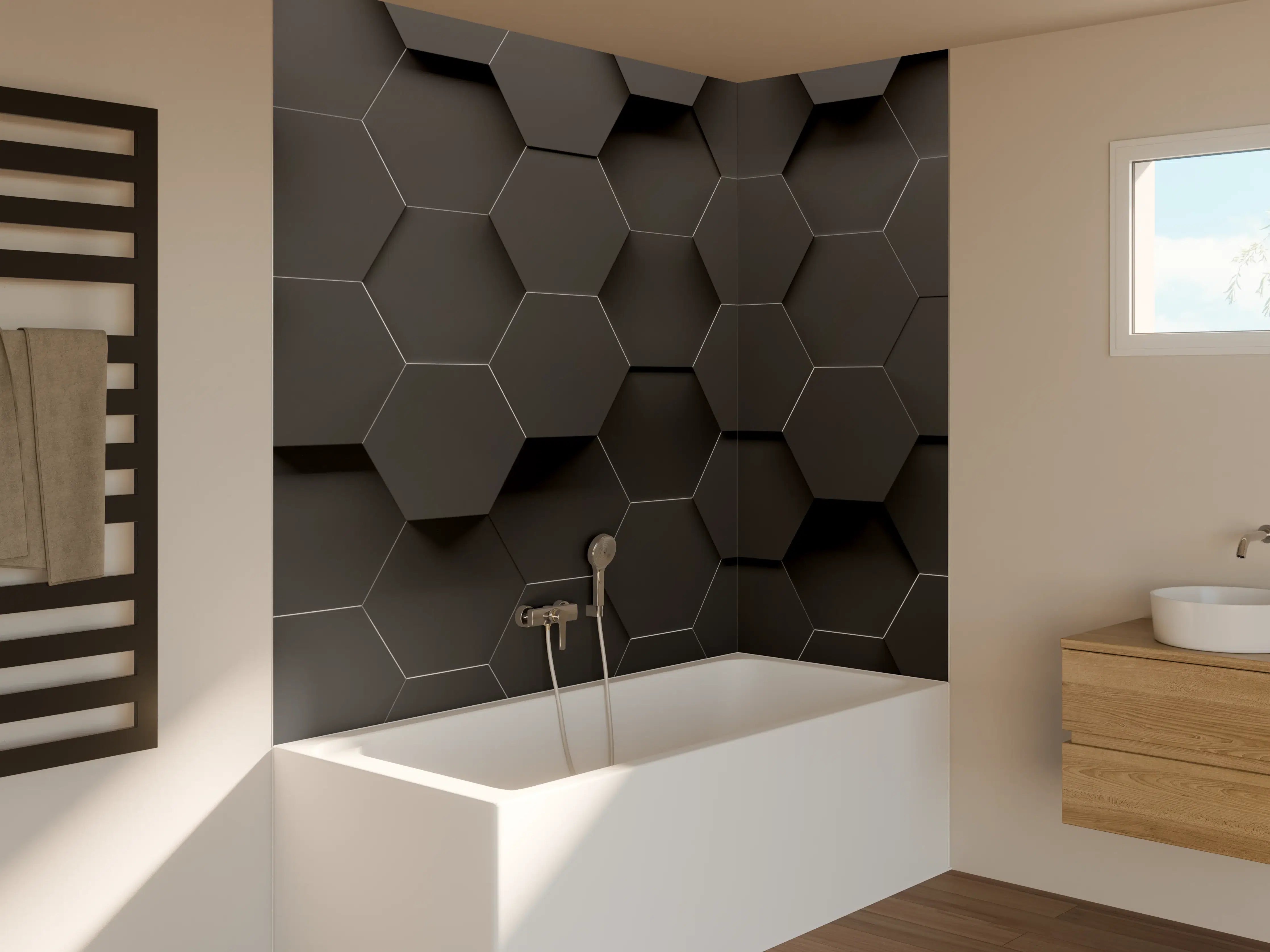 Badewannen-Rückwand - Dunkle Hexagon-Musterwand mit 3D-Effekt
