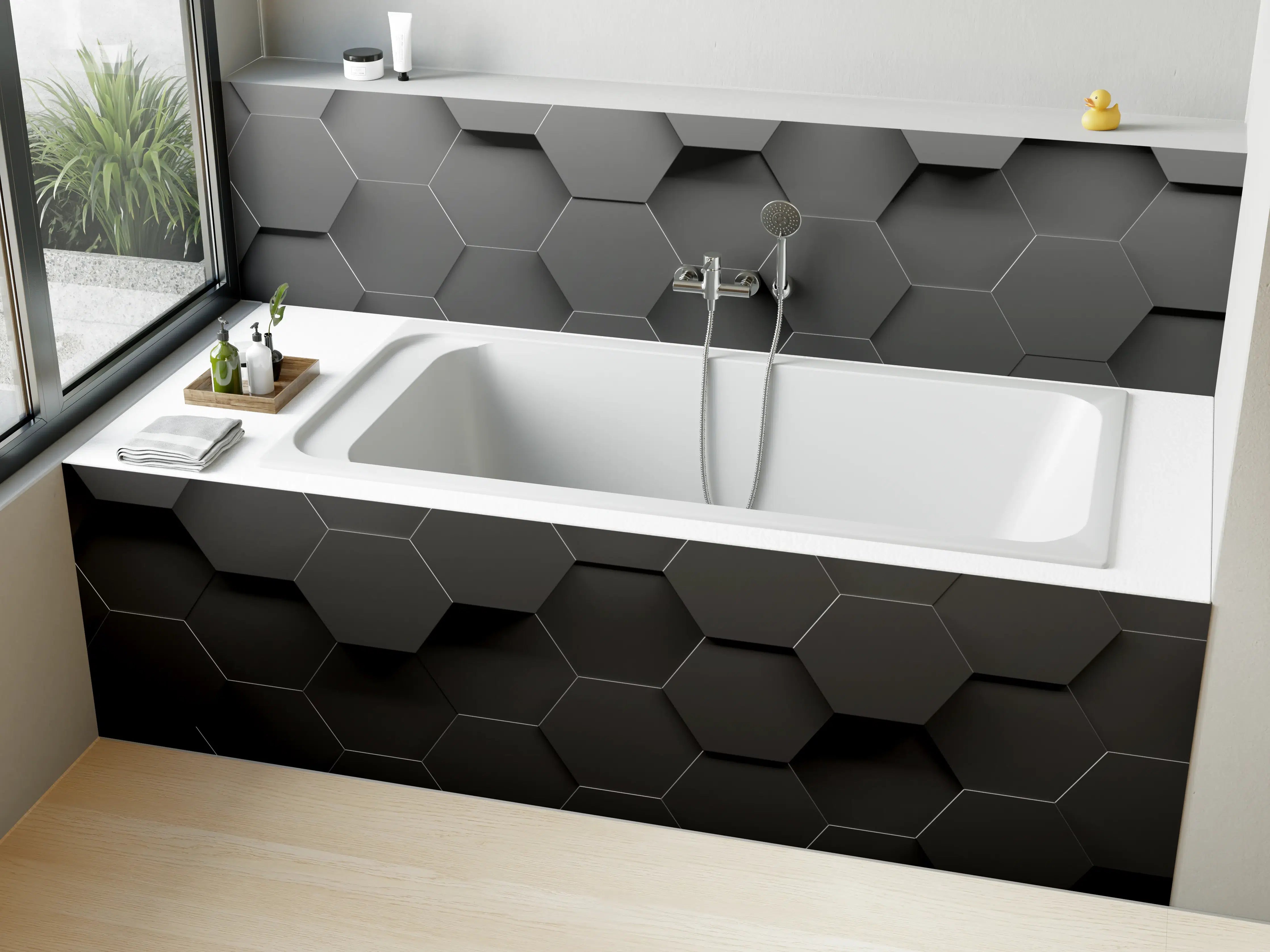 Badewannen-Rückwand - Dunkle Hexagon-Musterwand mit 3D-Effekt