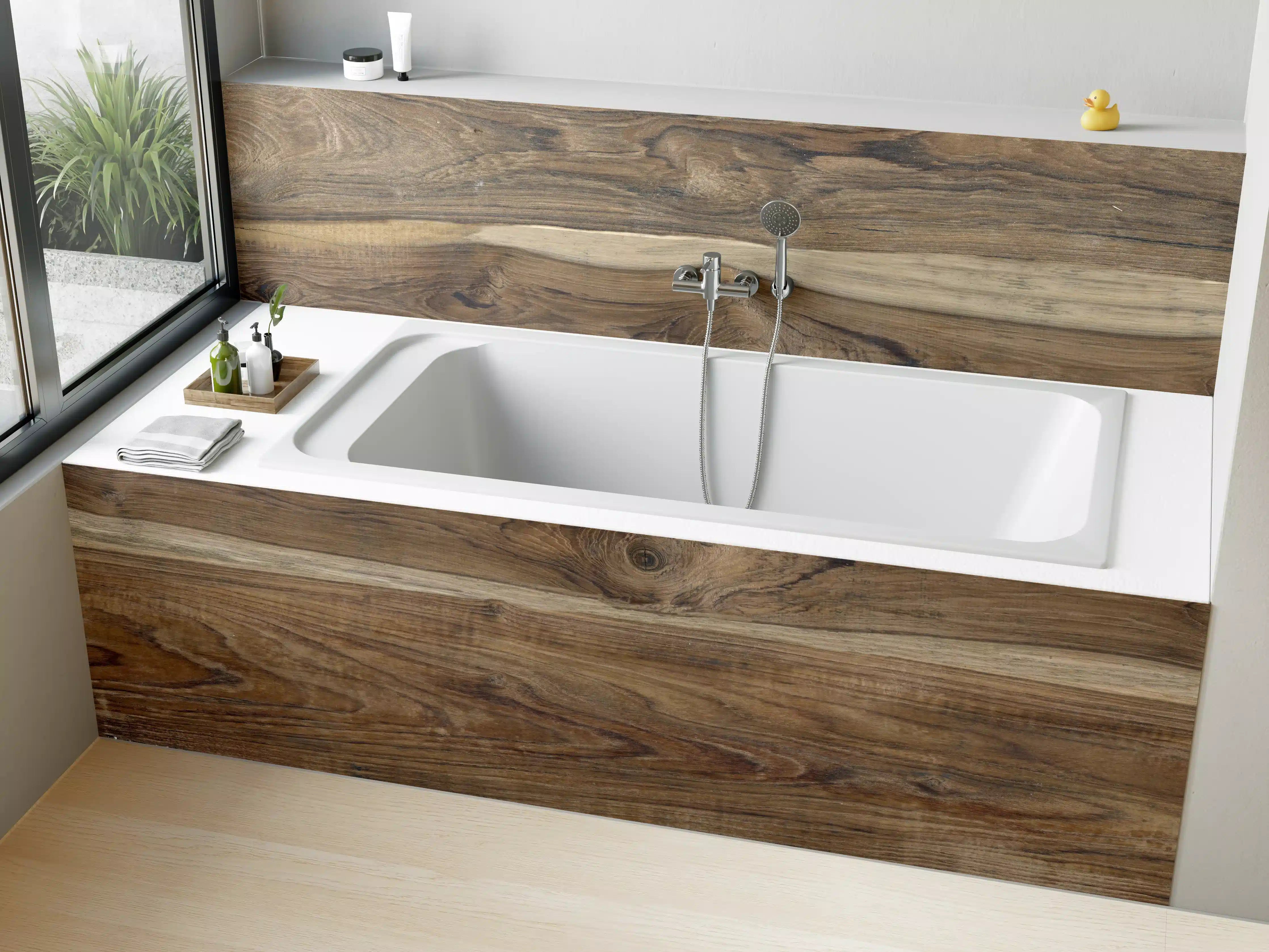 Badewannen-Rückwand - Dunkle Holzoptik