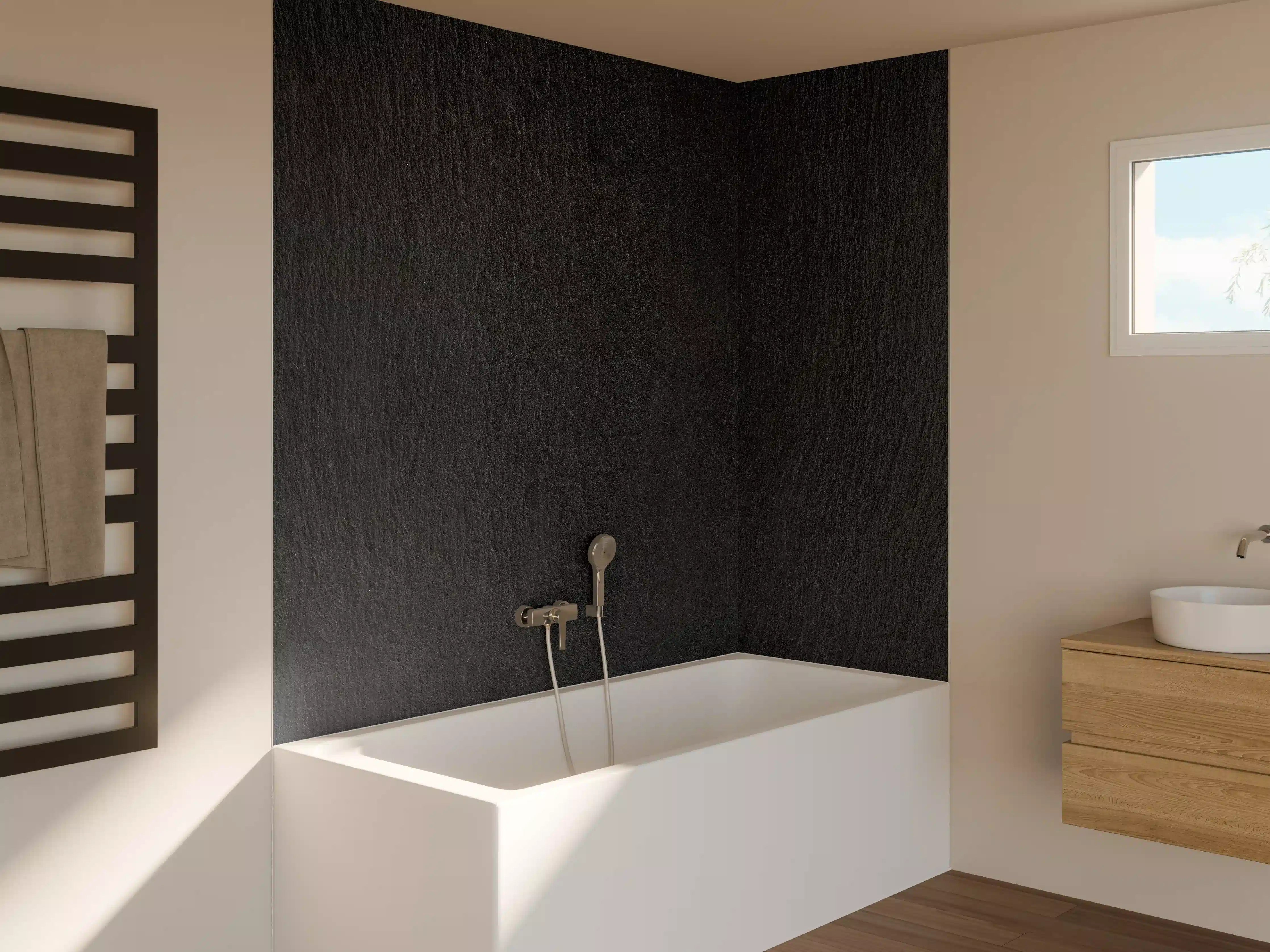 Badewannen-Rückwand - Dunkle Holztextur in Schwarzgrau