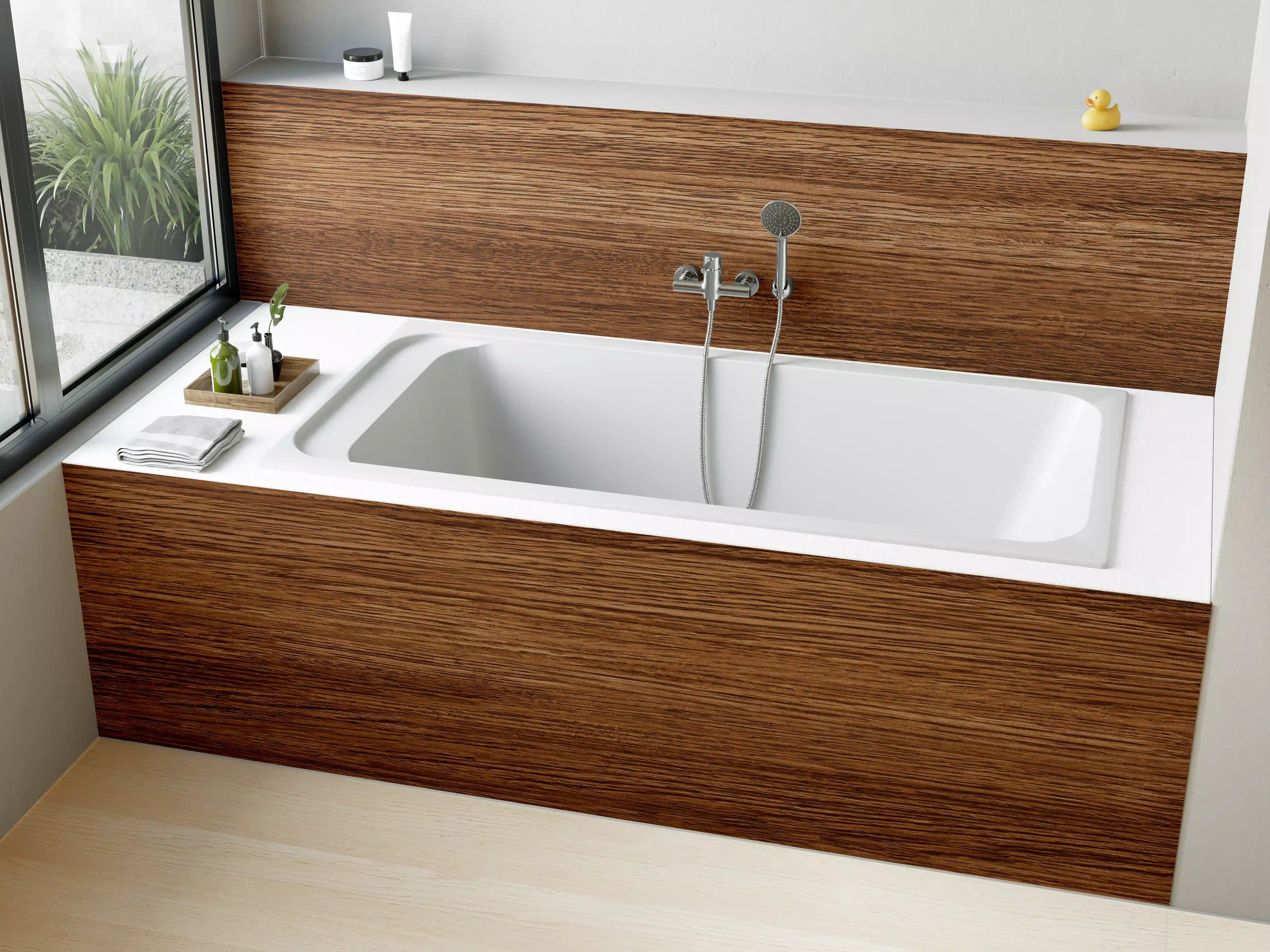 Badewannen-Rückwand - Dunkle Holzwand mit Streifenmuster