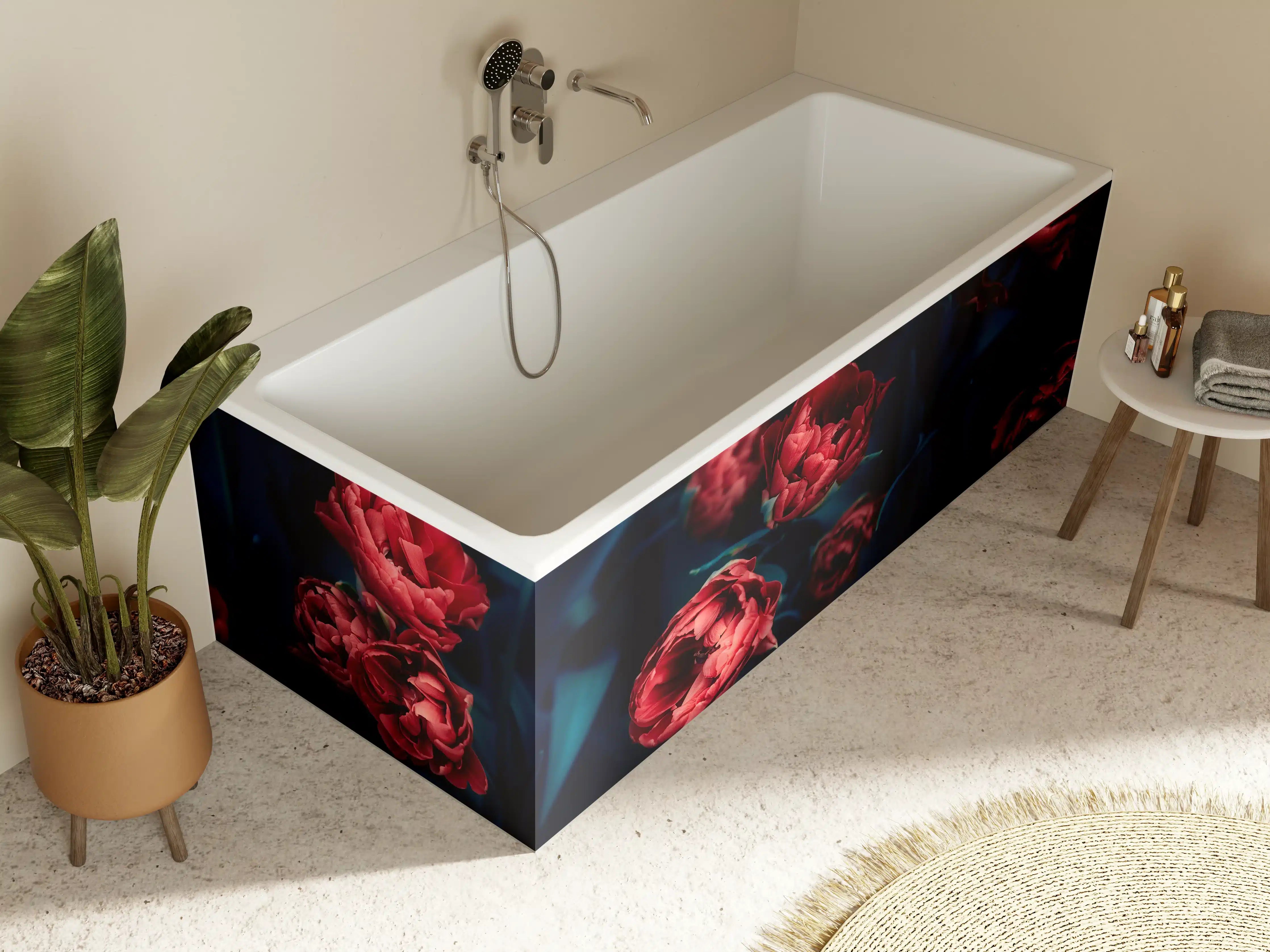 Badewannen-Rückwand - Dunkle Rosen in tiefem Blau und Rot