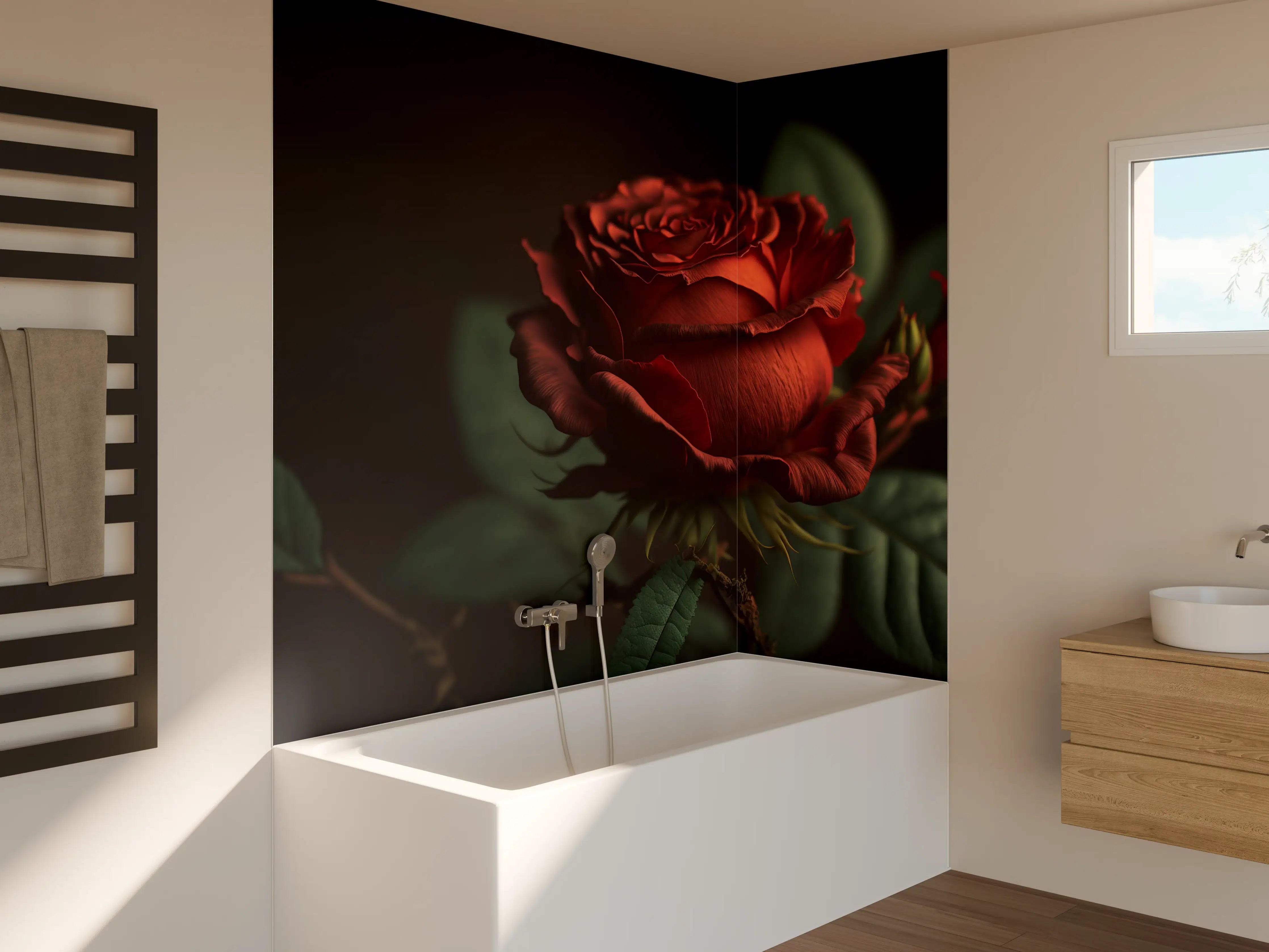 Badewannen-Rückwand - Dunkle Rotblühende Rose