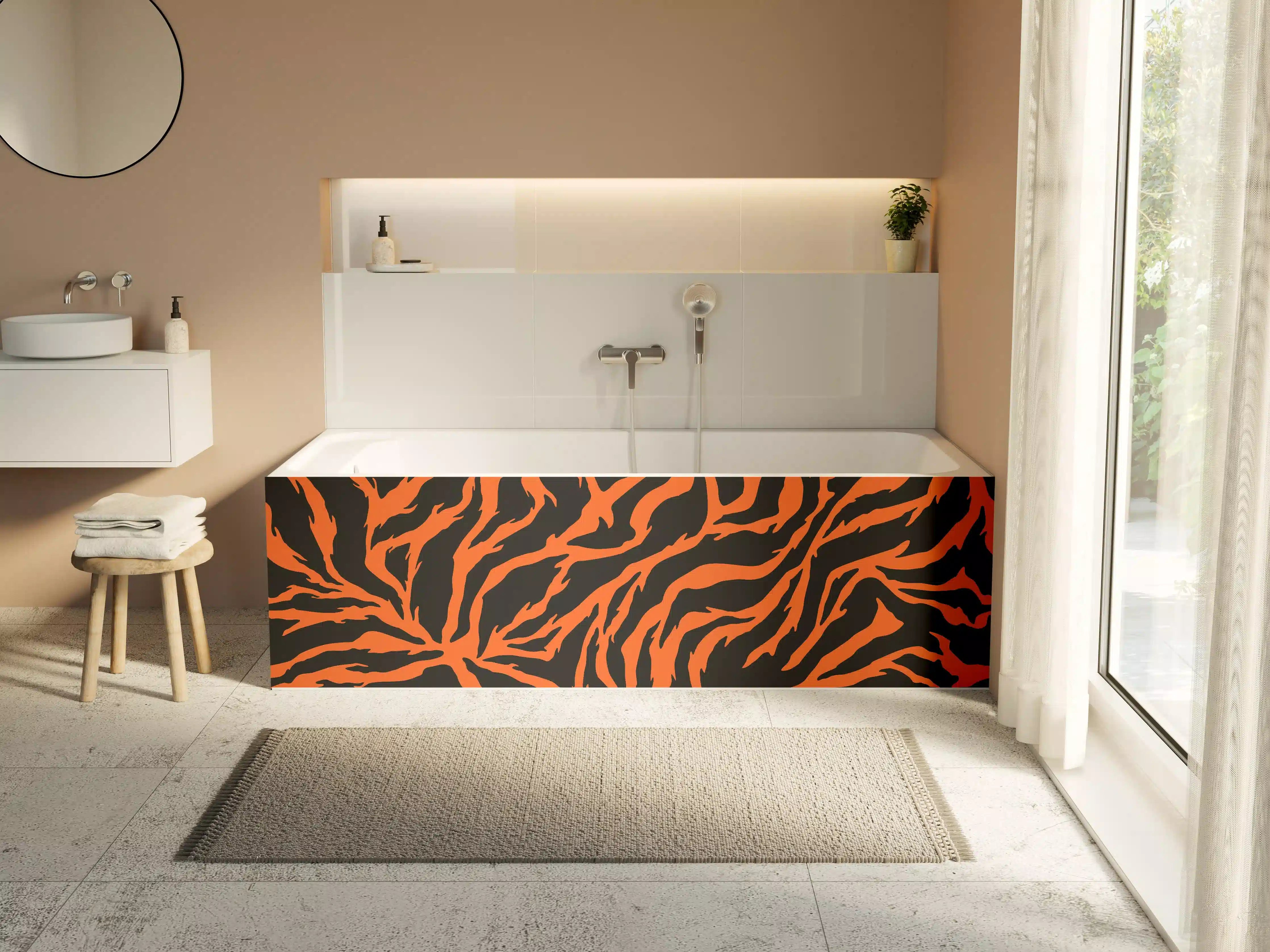 Badewannen-Rückwand - Dunkle Zebra-Musterung mit Orange-Details