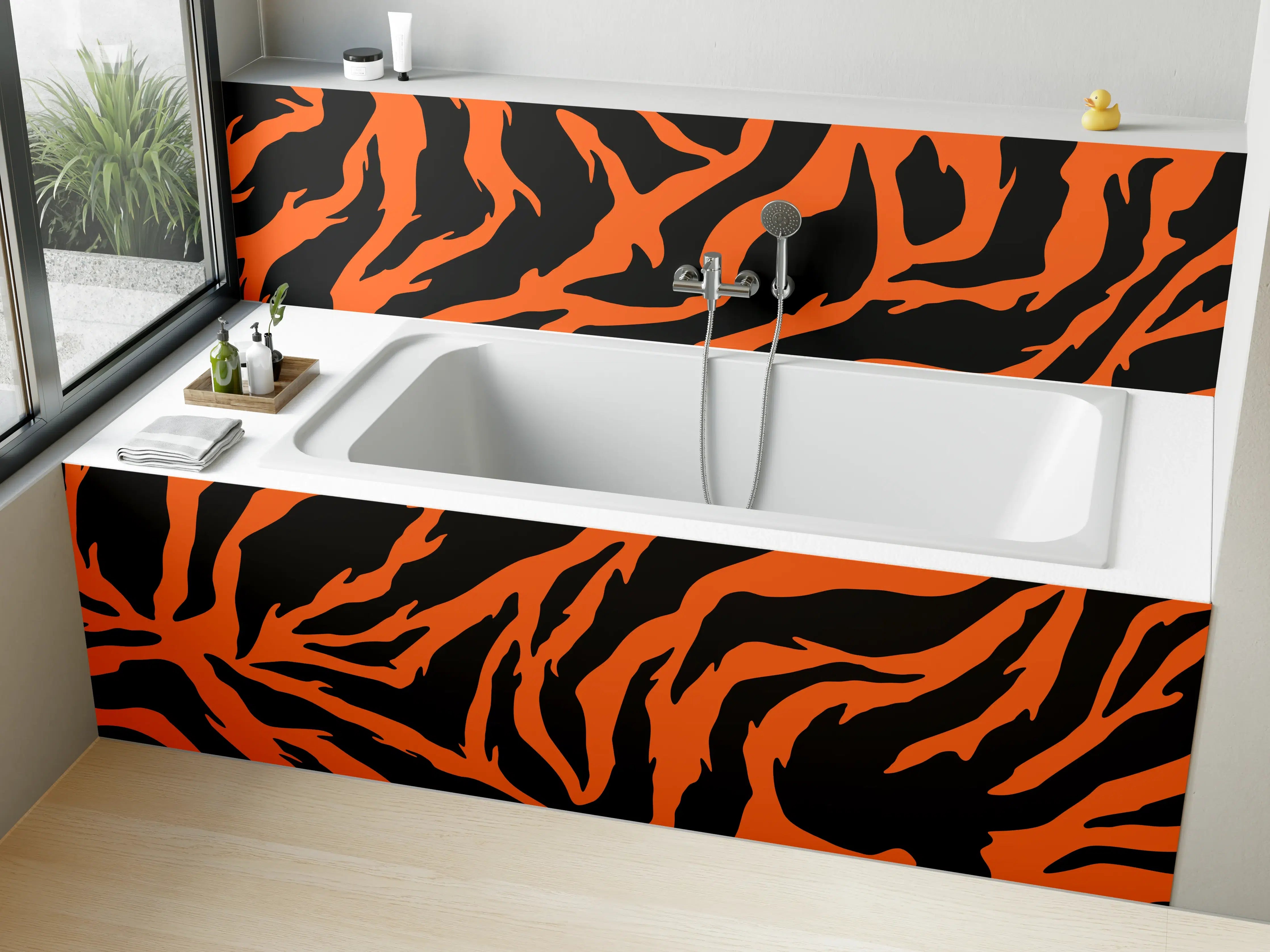 Badewannen-Rückwand - Dunkle Zebra-Musterung mit Orange-Details